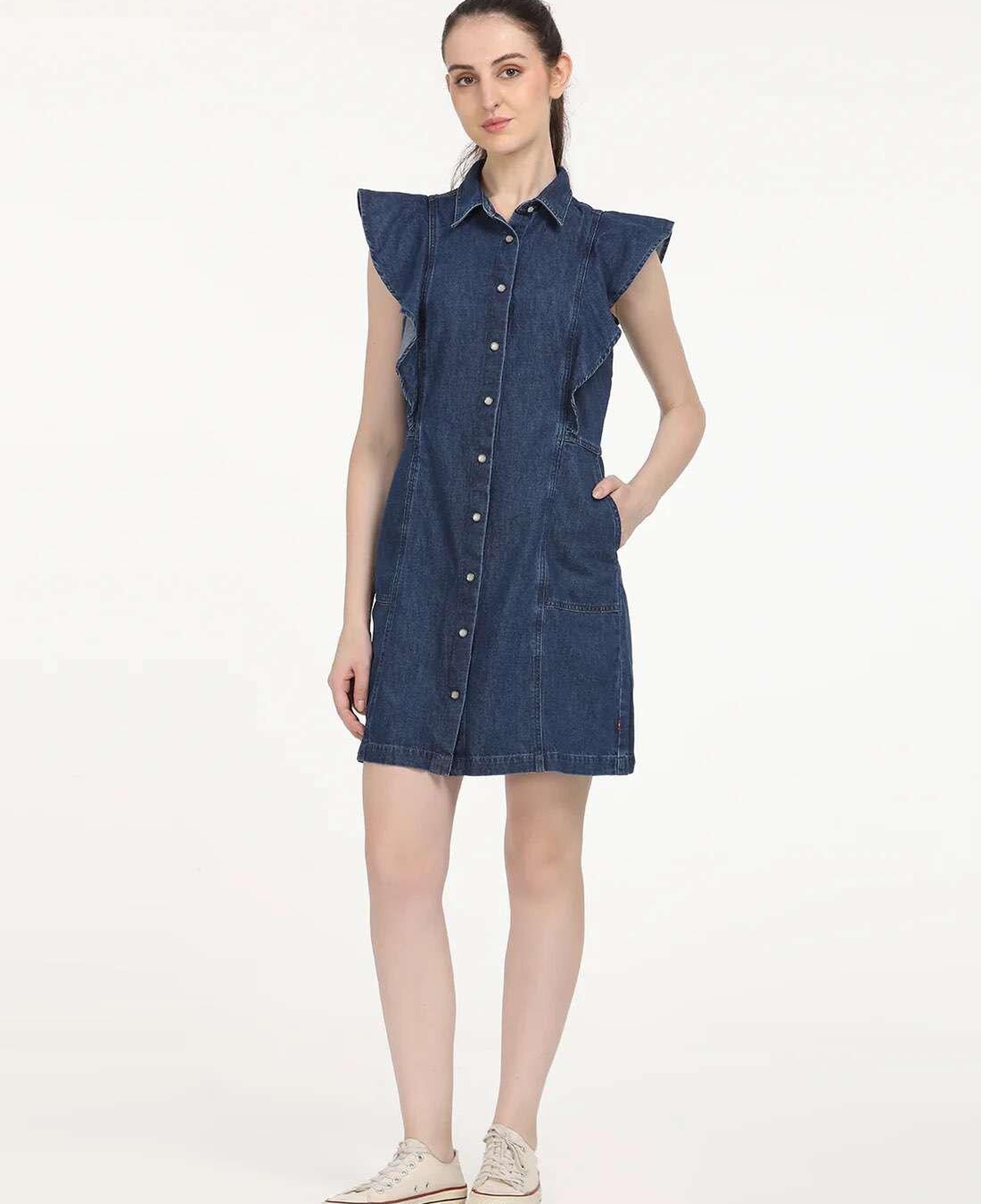 Solid Blue Spread Collar Kadın Denim Elbise