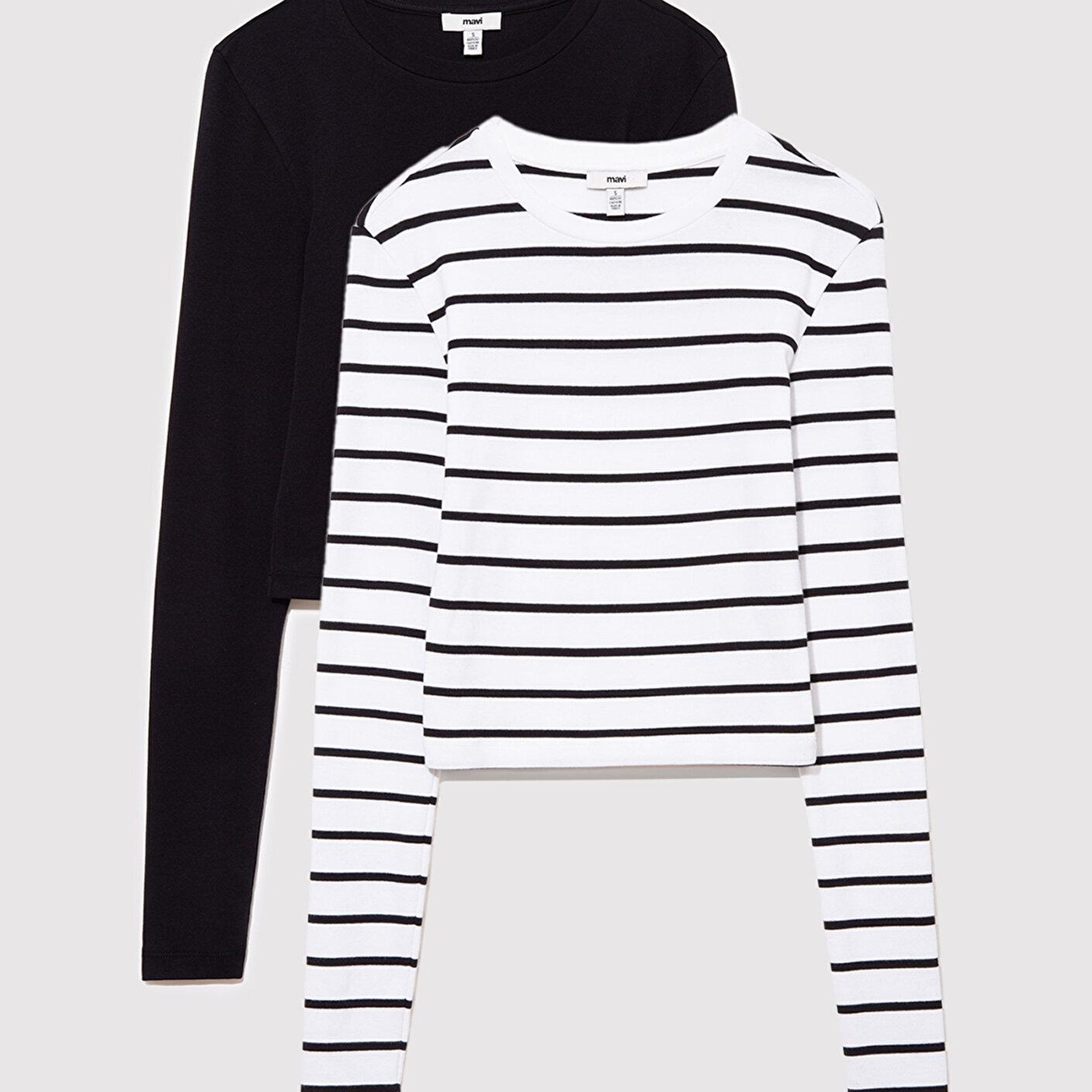 Mavi 2li Uzun Kollu Crop Basic Tişört Fitted / Vücuda Oturan Kesim 1613021-900