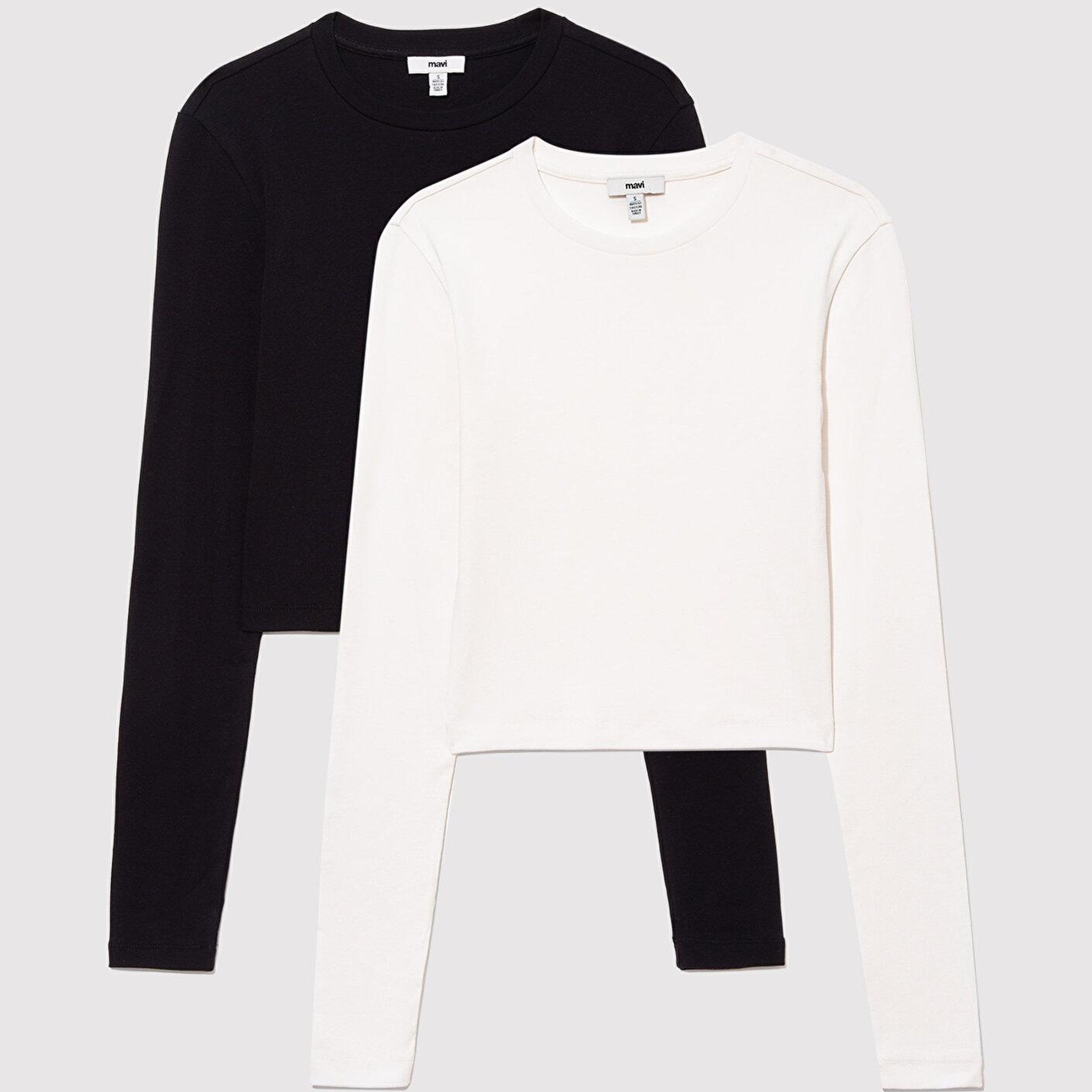 Mavi 2li Uzun Kollu Crop Basic Tişört Fitted / Vücuda Oturan Kesim 1613021-70057