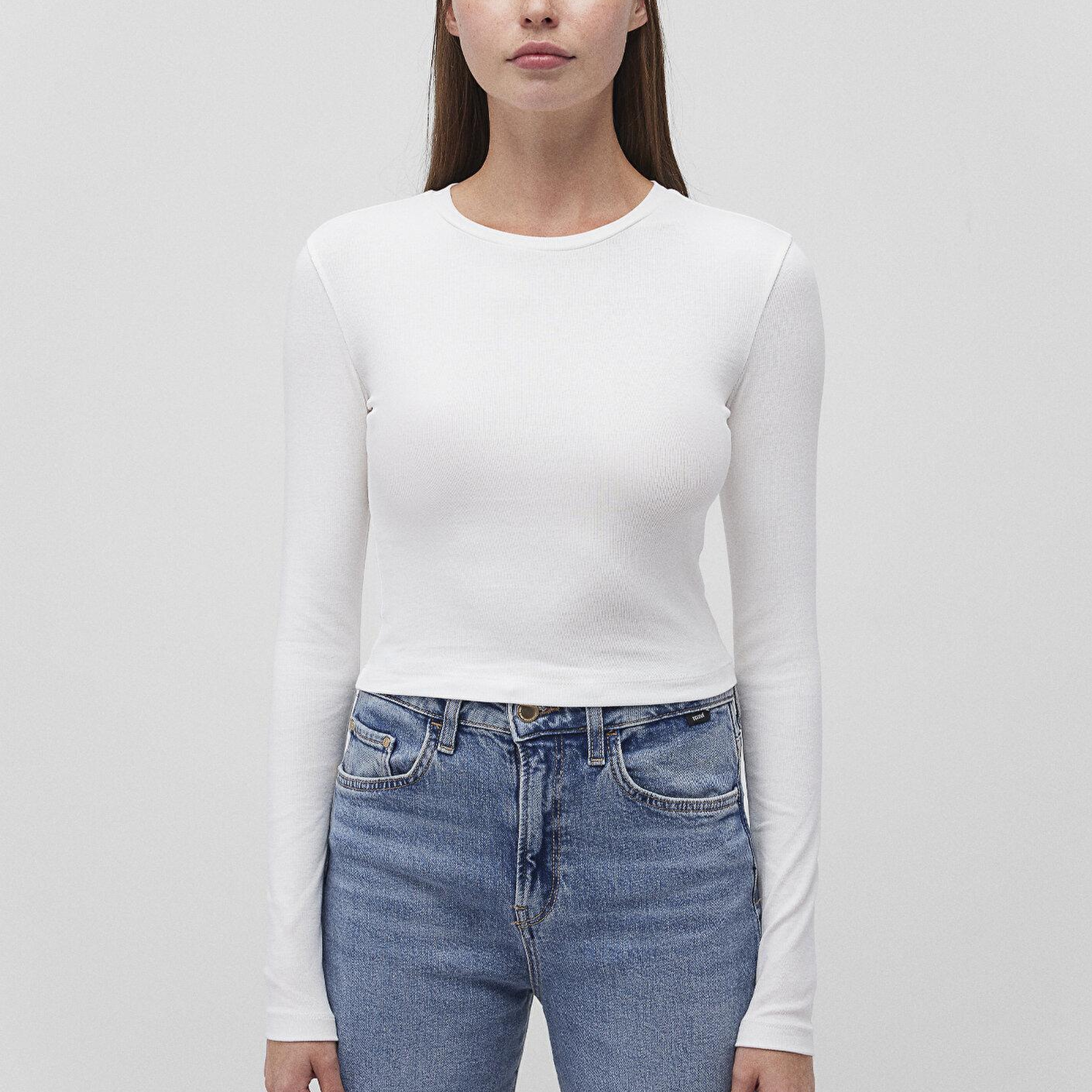 Mavi 2li Uzun Kollu Crop Basic Tişört Fitted / Vücuda Oturan Kesim 1613021-70057
