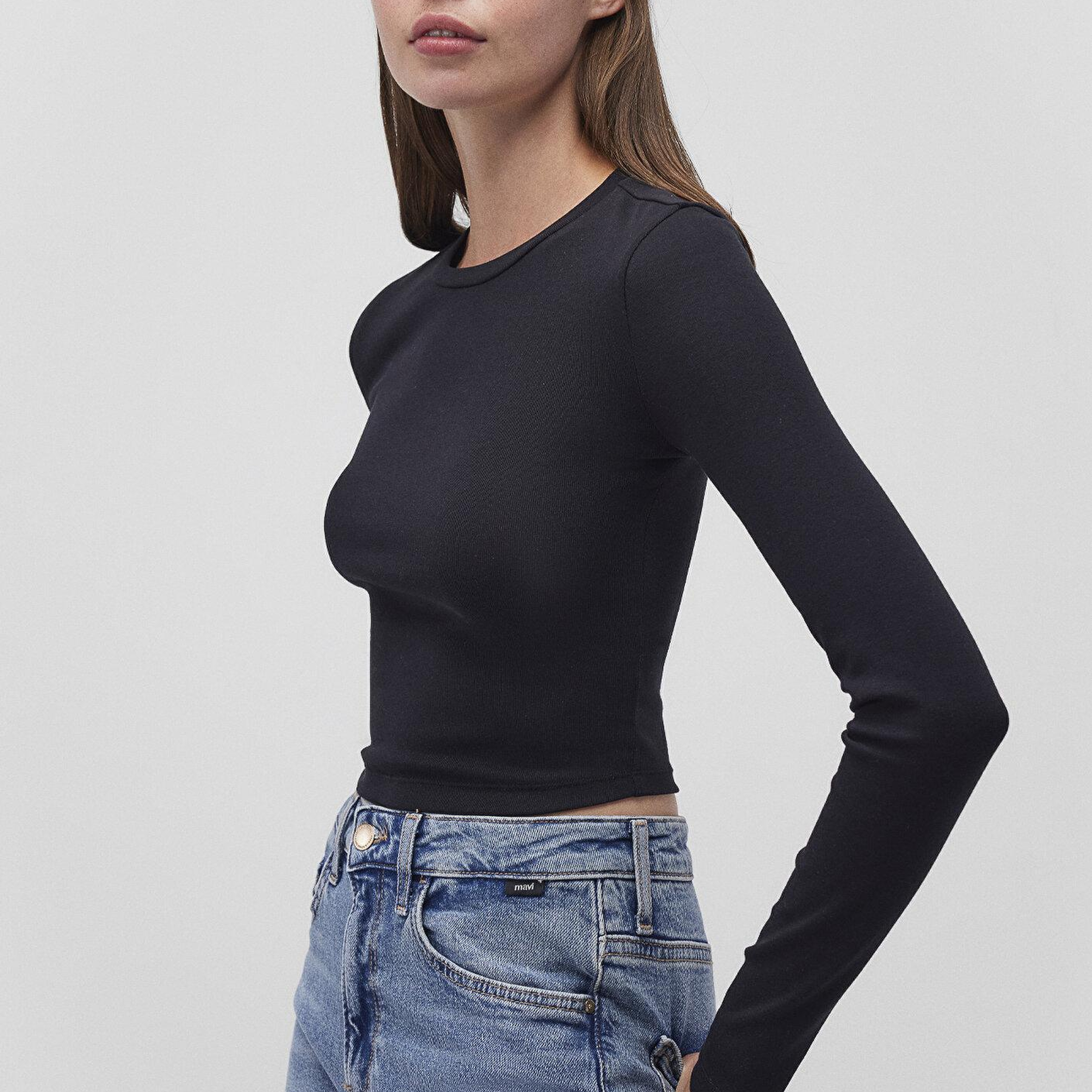 Mavi 2li Uzun Kollu Crop Basic Tişört Fitted / Vücuda Oturan Kesim 1613021-70057