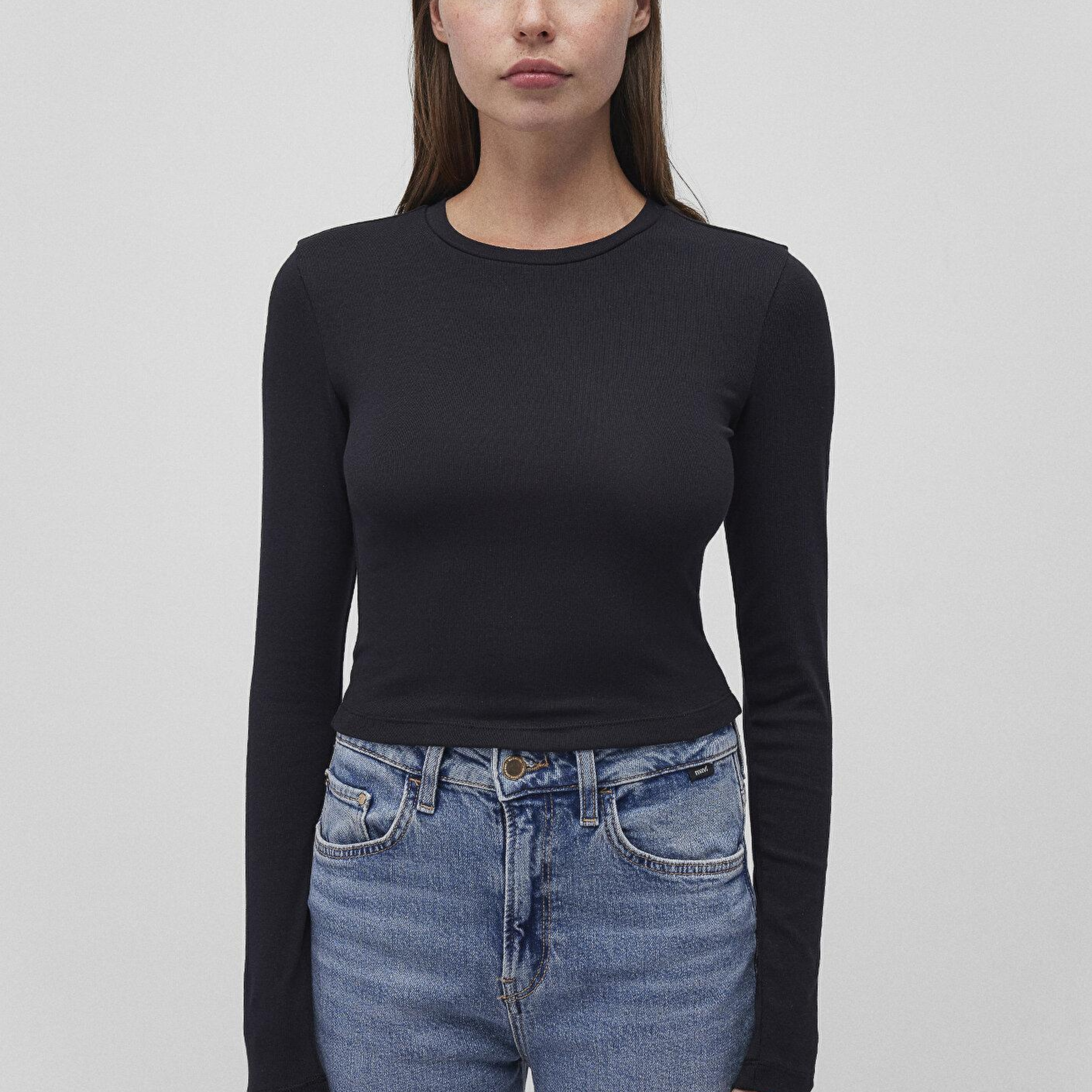 Mavi 2li Uzun Kollu Crop Basic Tişört Fitted / Vücuda Oturan Kesim 1613021-70057