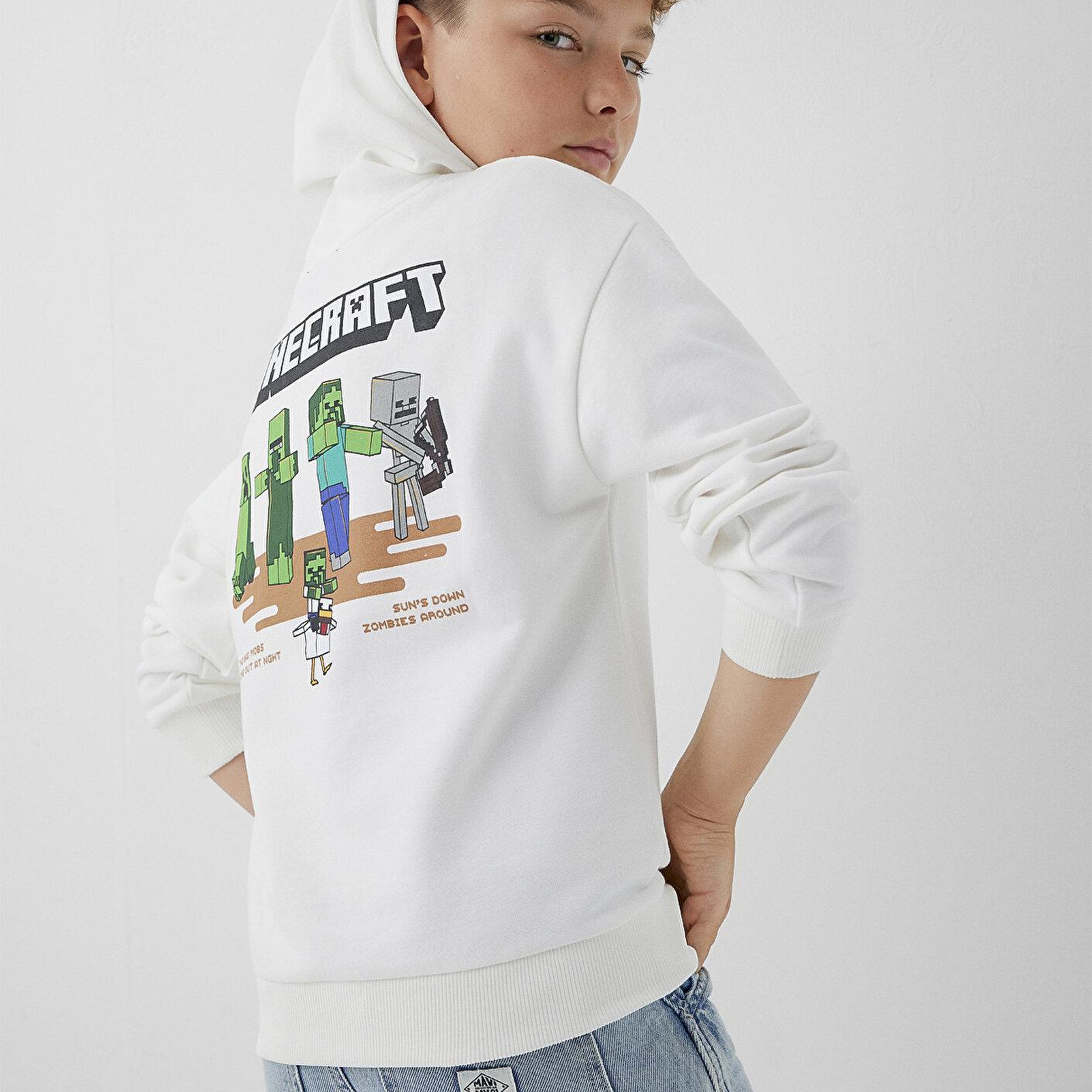 Mavi Minecraft Baskılı Kapüşonlu Sweatshirt 6S10189-70057