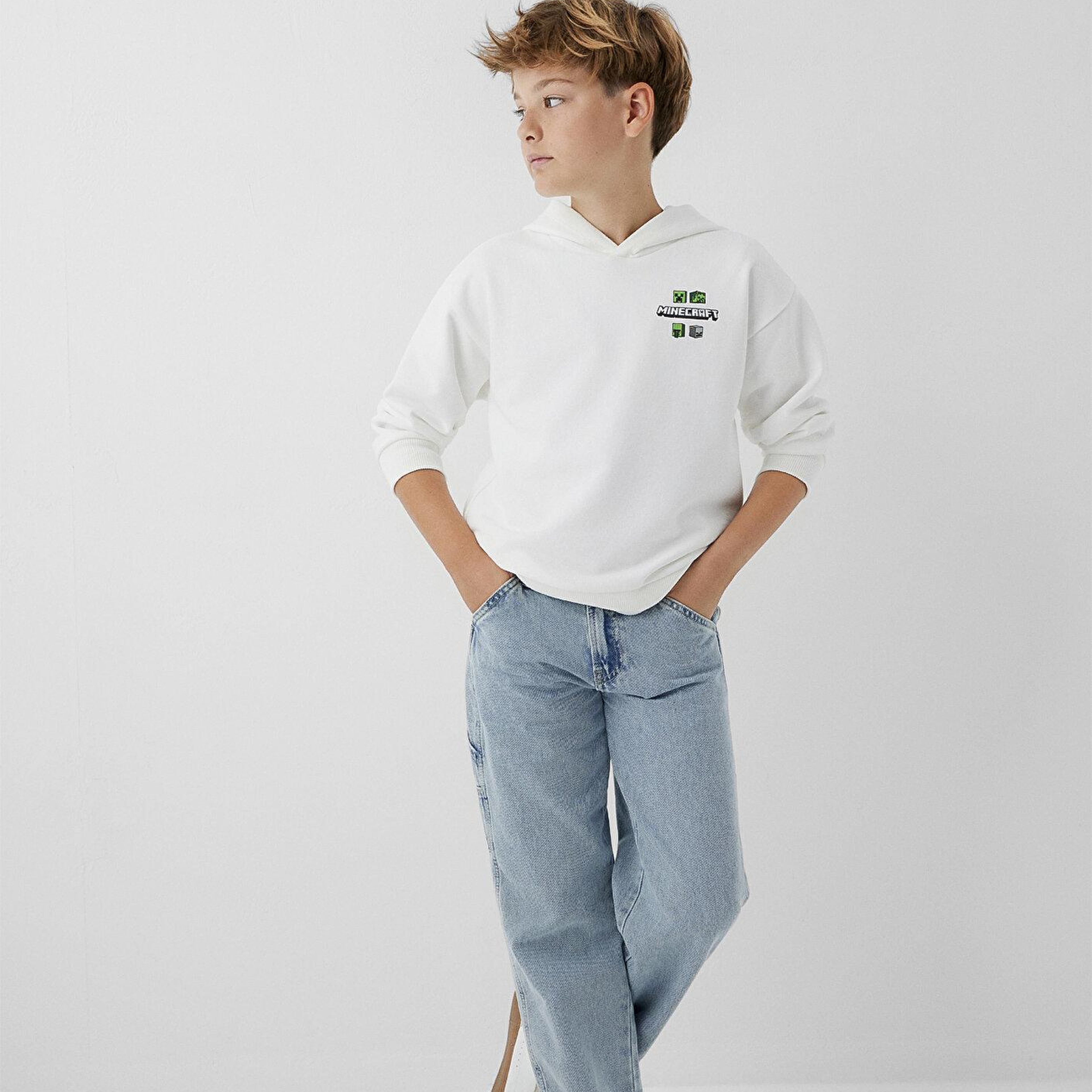 Mavi Minecraft Baskılı Kapüşonlu Sweatshirt 6S10189-70057