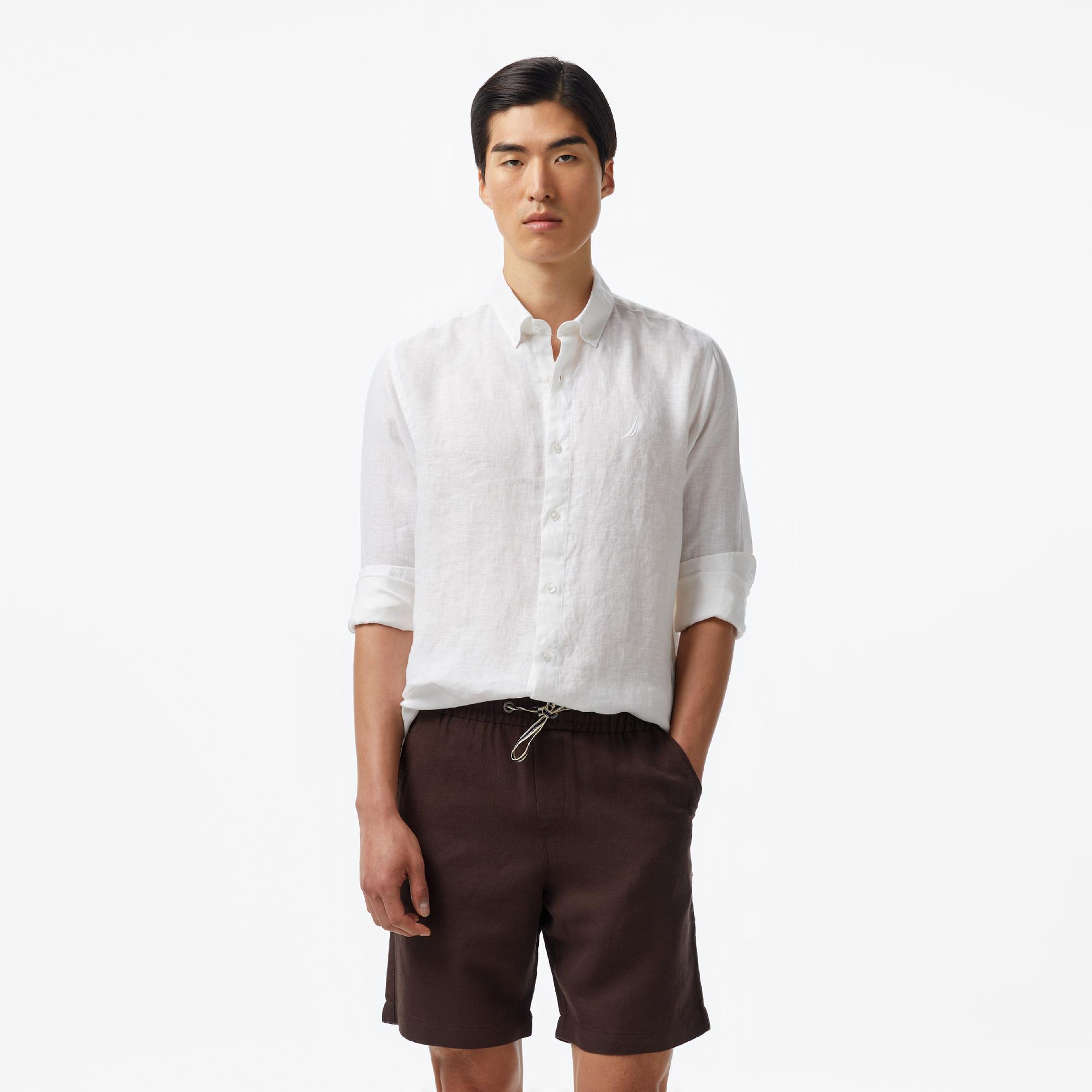 Nautica Erkek Beyaz Classic Fit Keten Gömlek