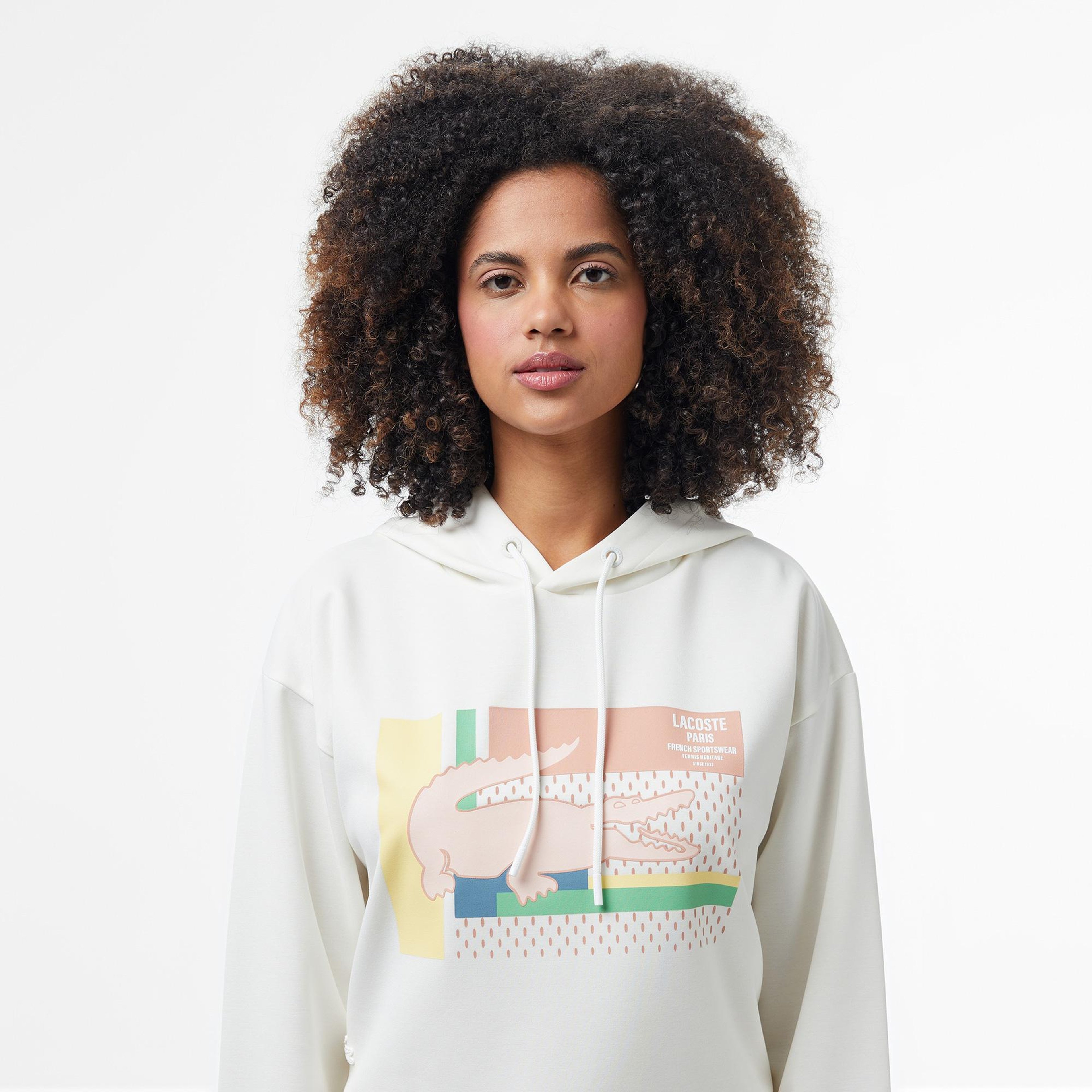 Kadın Relaxed Fit Kapüşonlu Baskılı Beyaz Modal Karışımlı Sweatshirt