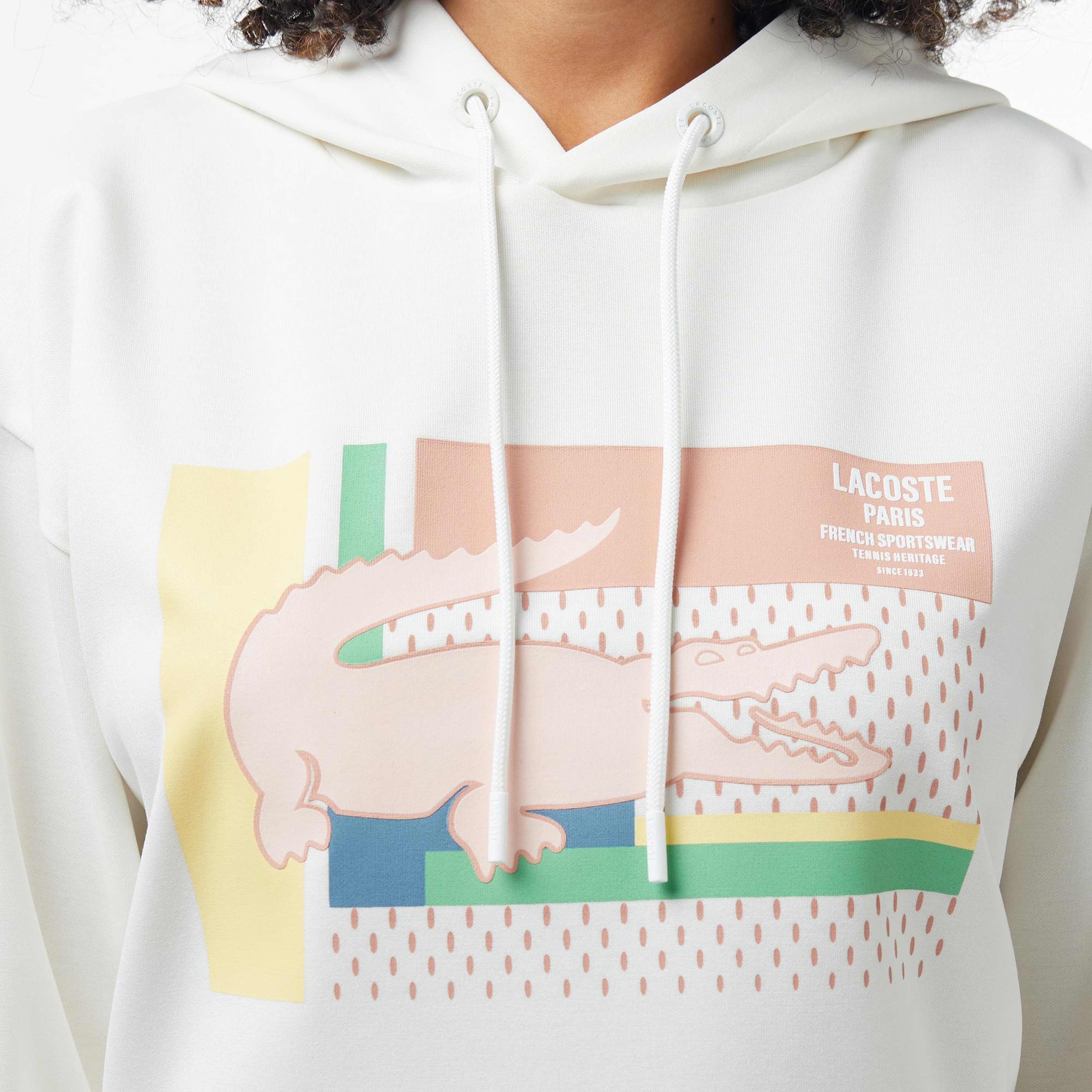 Kadın Relaxed Fit Kapüşonlu Baskılı Beyaz Modal Karışımlı Sweatshirt