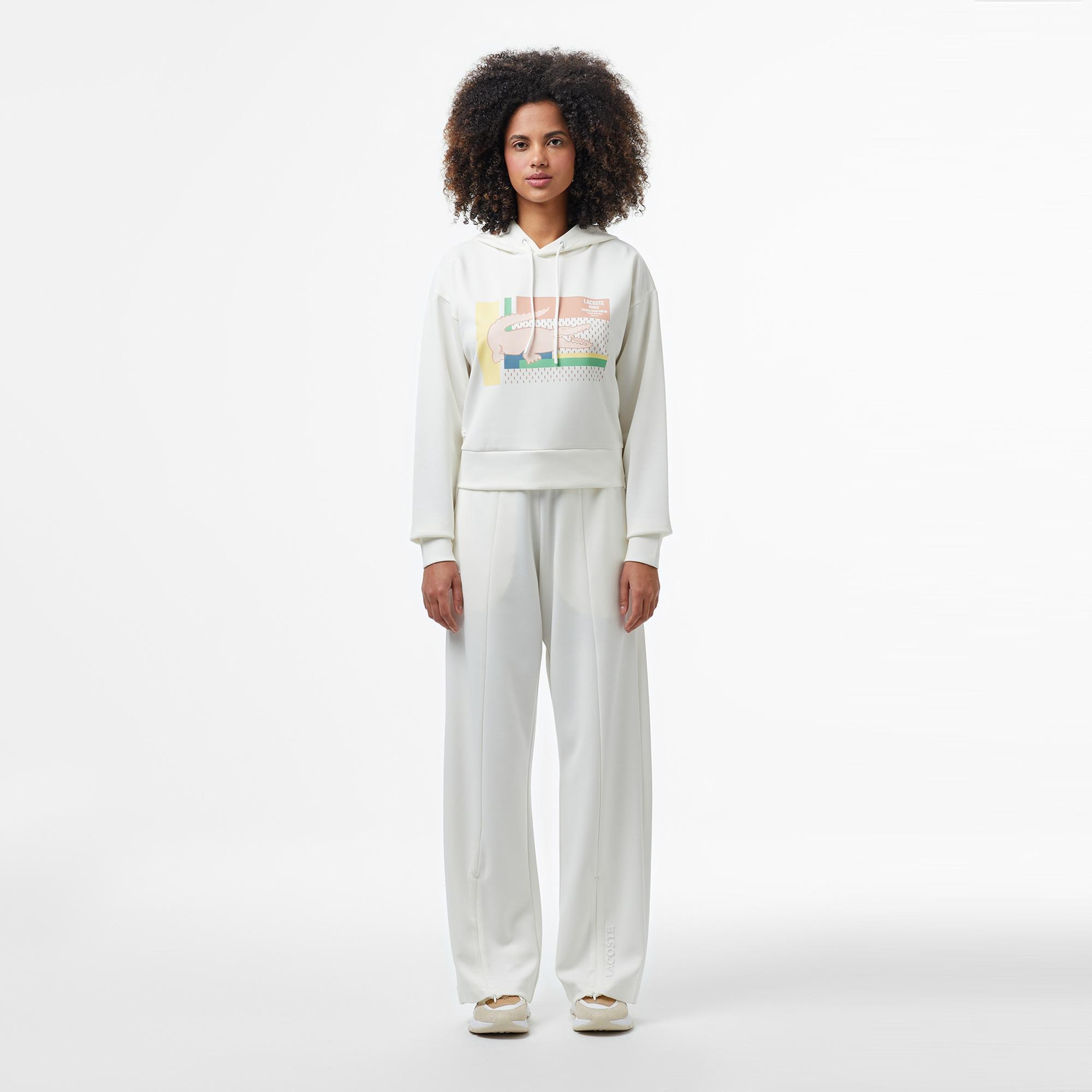 Kadın Relaxed Fit Kapüşonlu Baskılı Beyaz Modal Karışımlı Sweatshirt