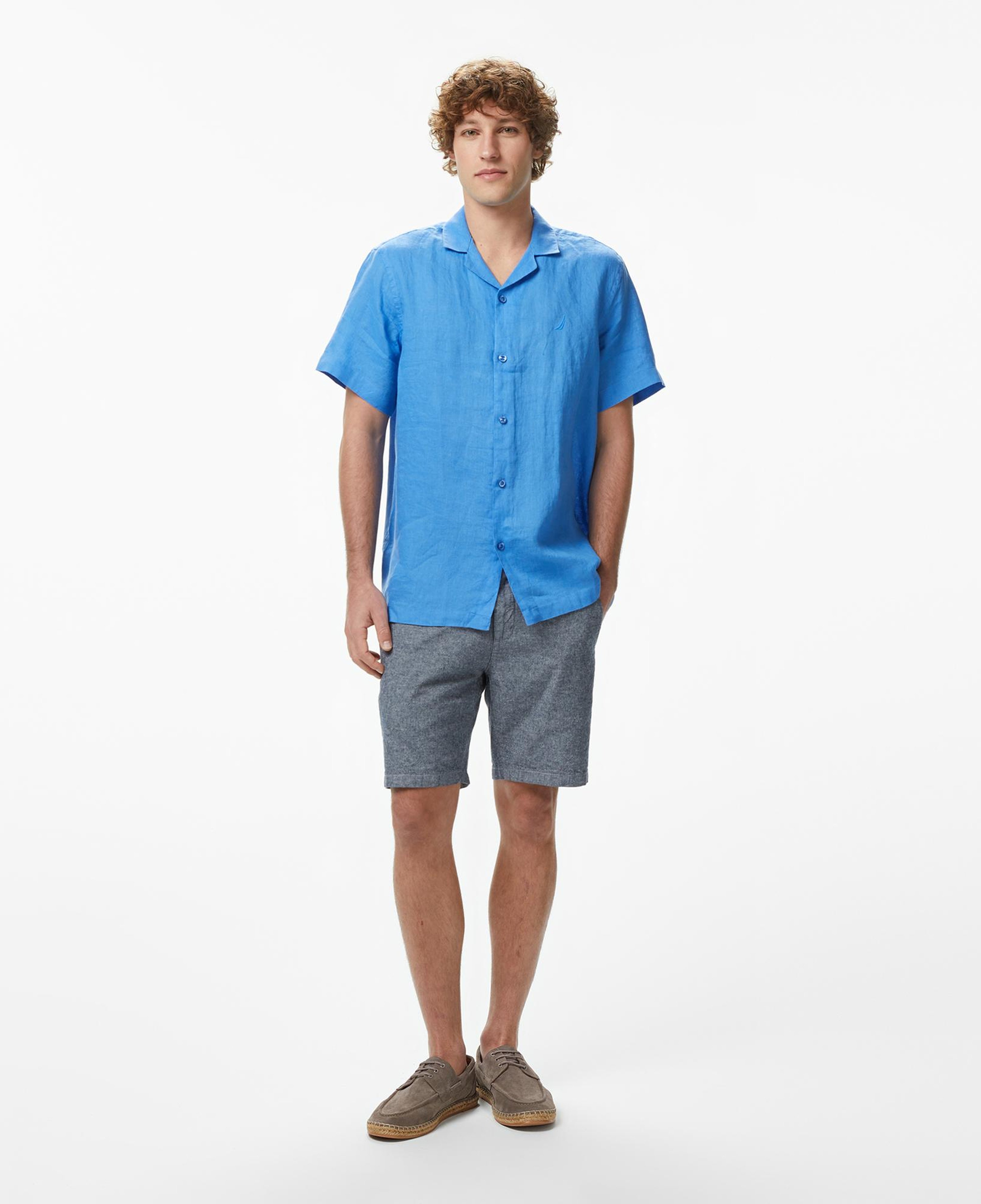 Nautica Erkek Mavi Regular Fit Kısa Kollu Keten Gömlek