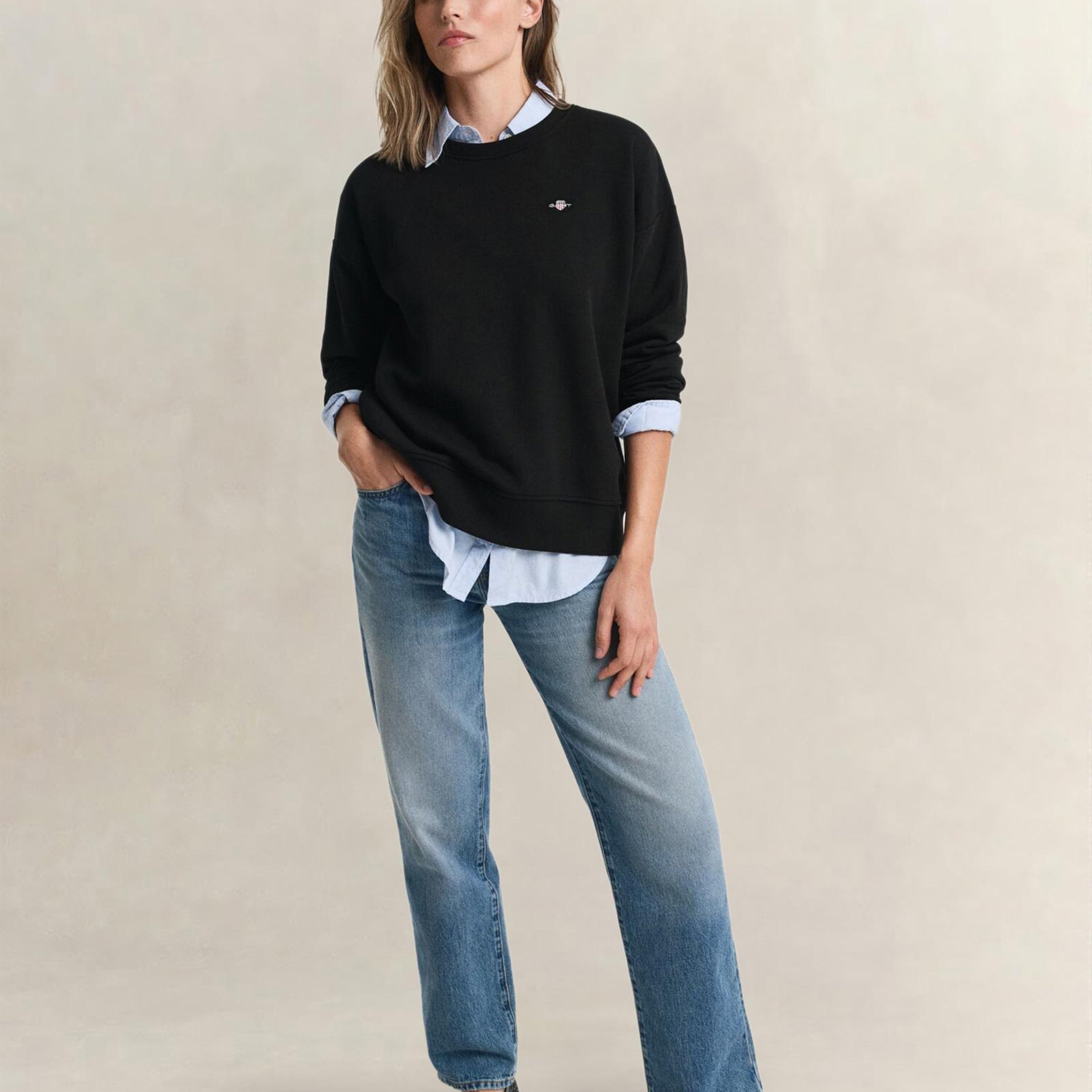 GANT Kadın Siyah Relaxed Fit Bisiklet Yaka Sweatshirt