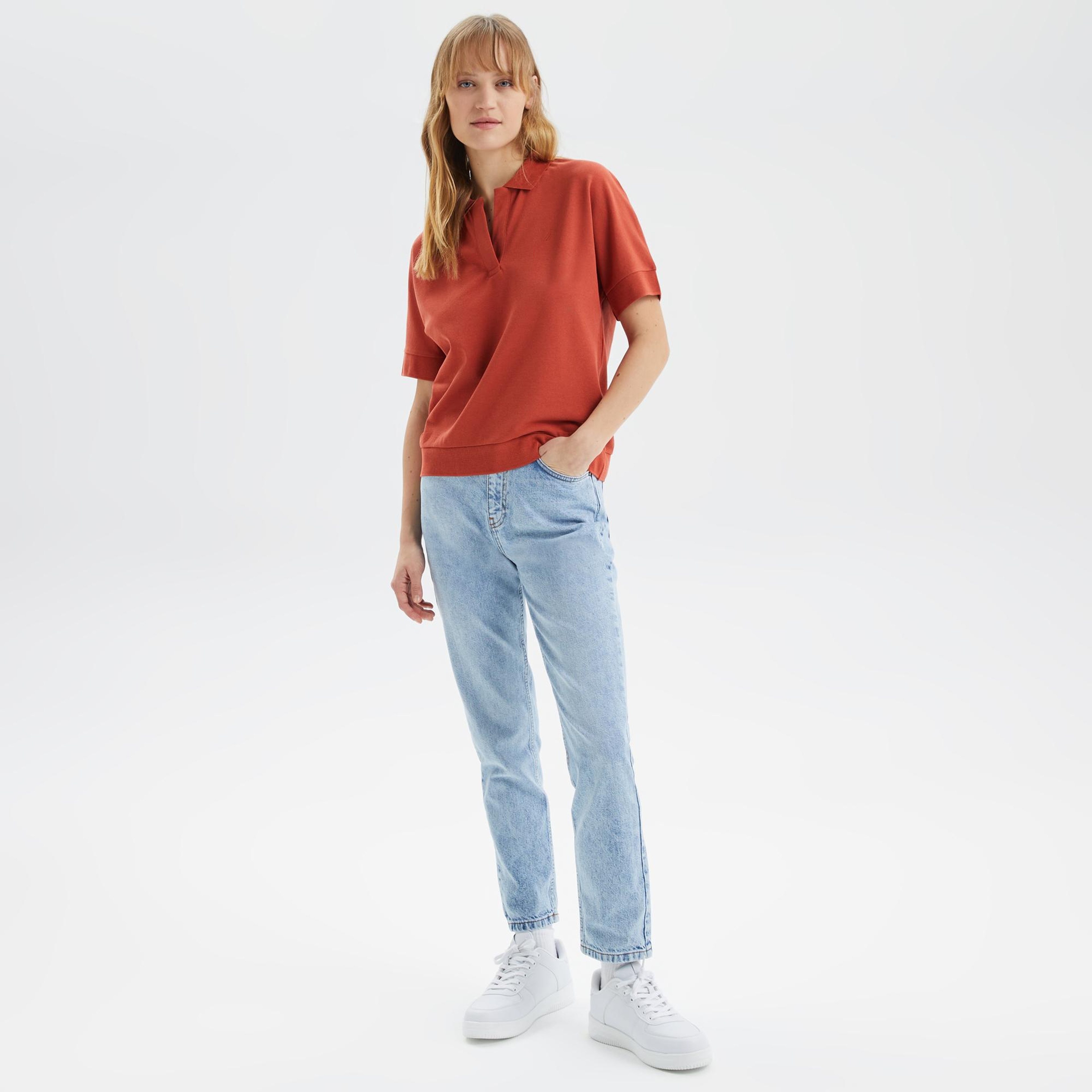 Nautica Kadın Kiremit Rengi Oversize Kısa Kollu Polo