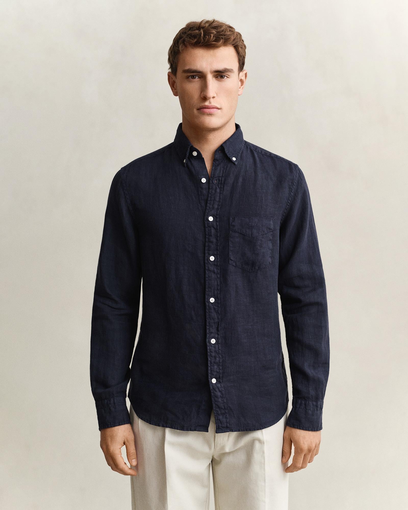 GANT Erkek Lacivert Regular Fit Düğmeli Yaka Keten Gömlek