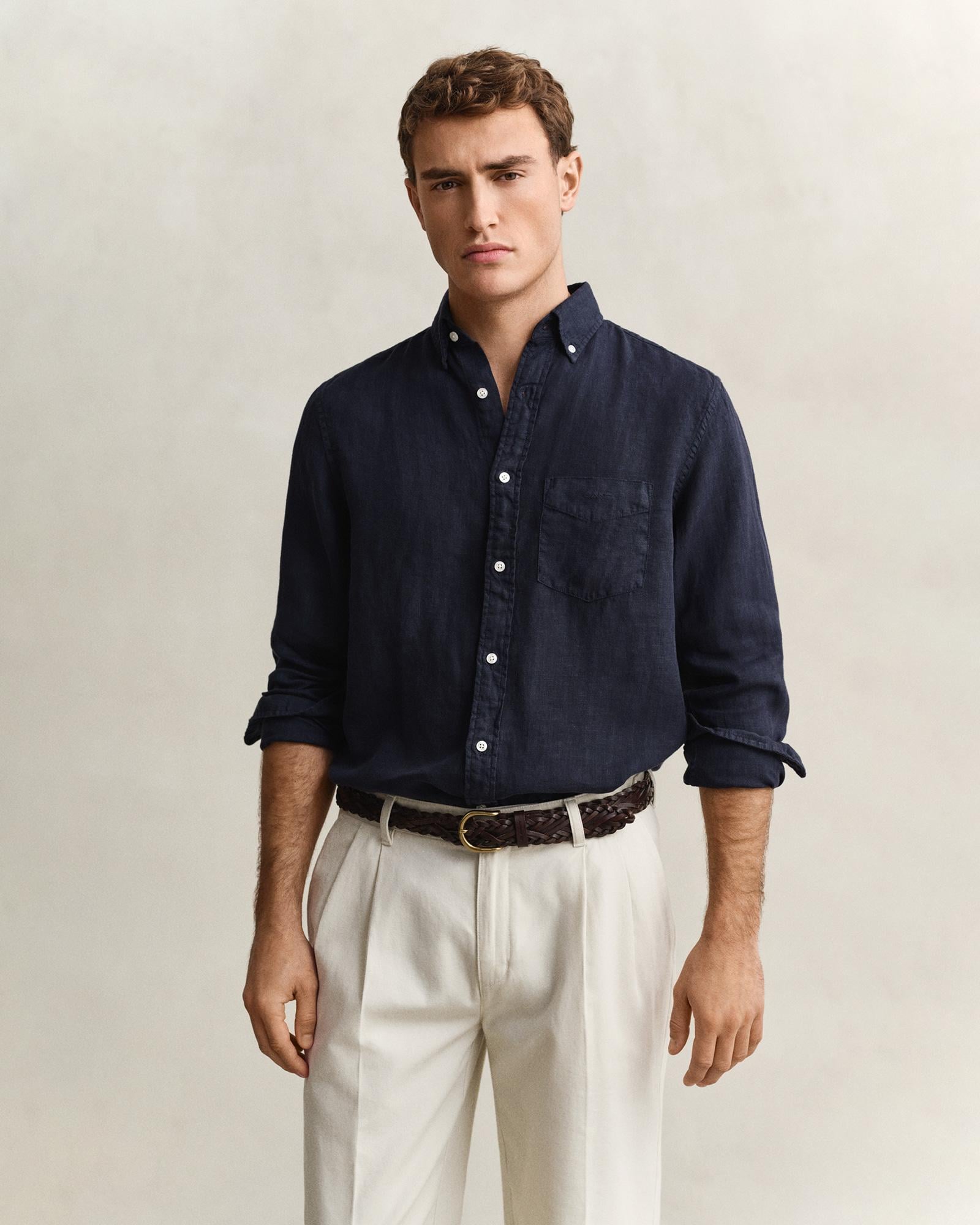 GANT Erkek Lacivert Regular Fit Düğmeli Yaka Keten Gömlek