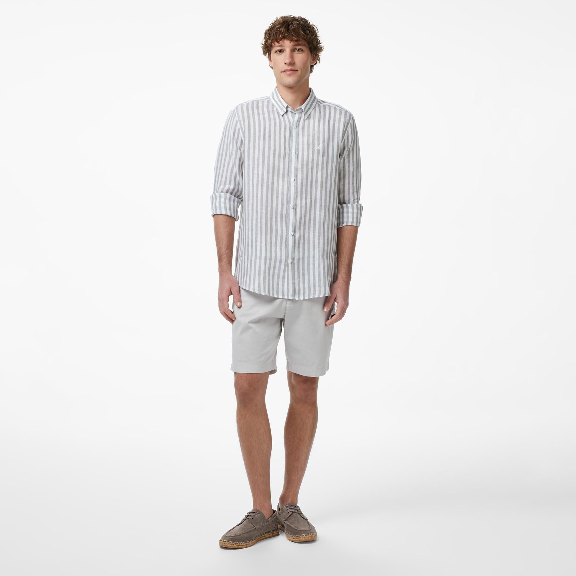 Nautica Erkek Yeşil Regular Fit Çizgili Keten Gömlek