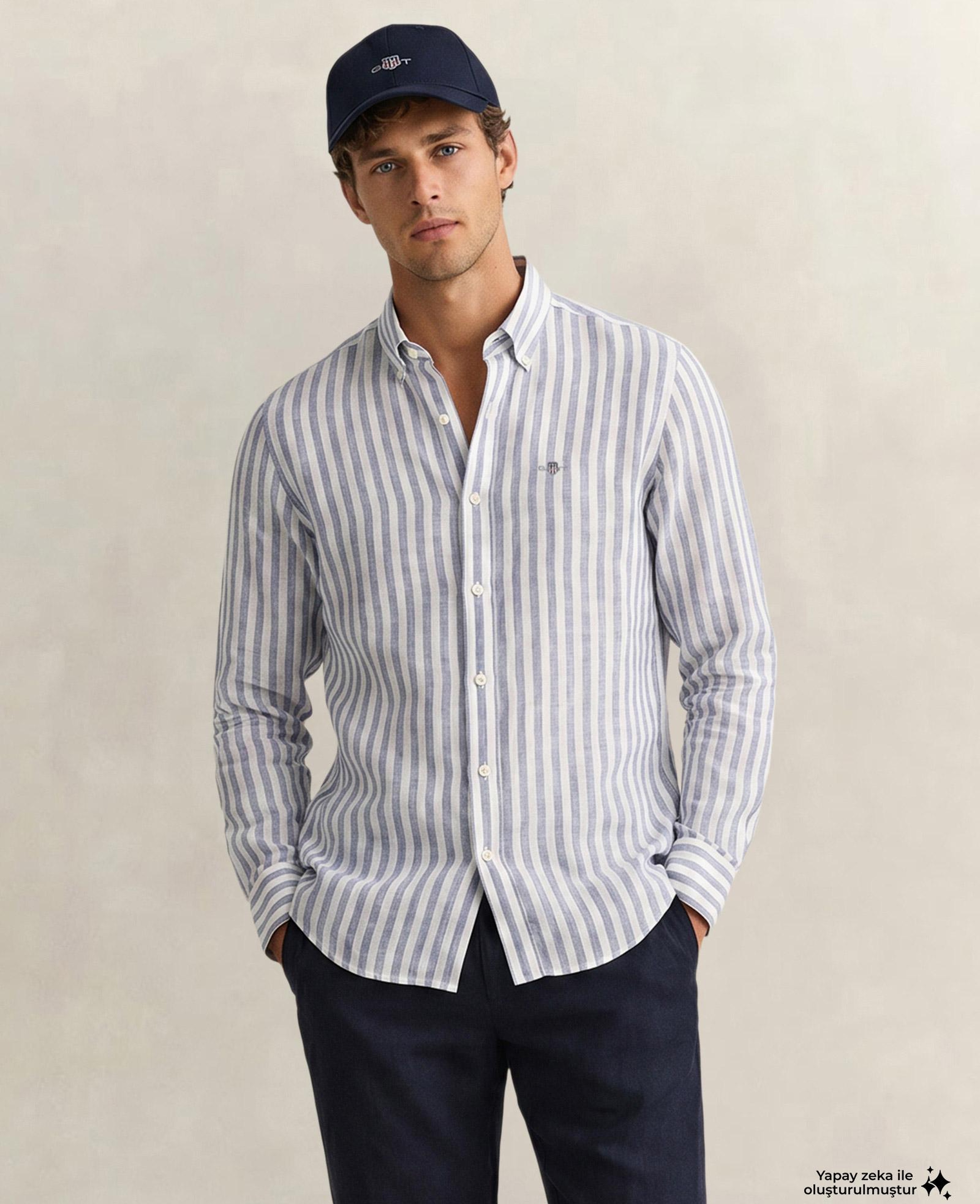 GANT Erkek Mavi Regular Fit Çizgili Logolu Gömlek