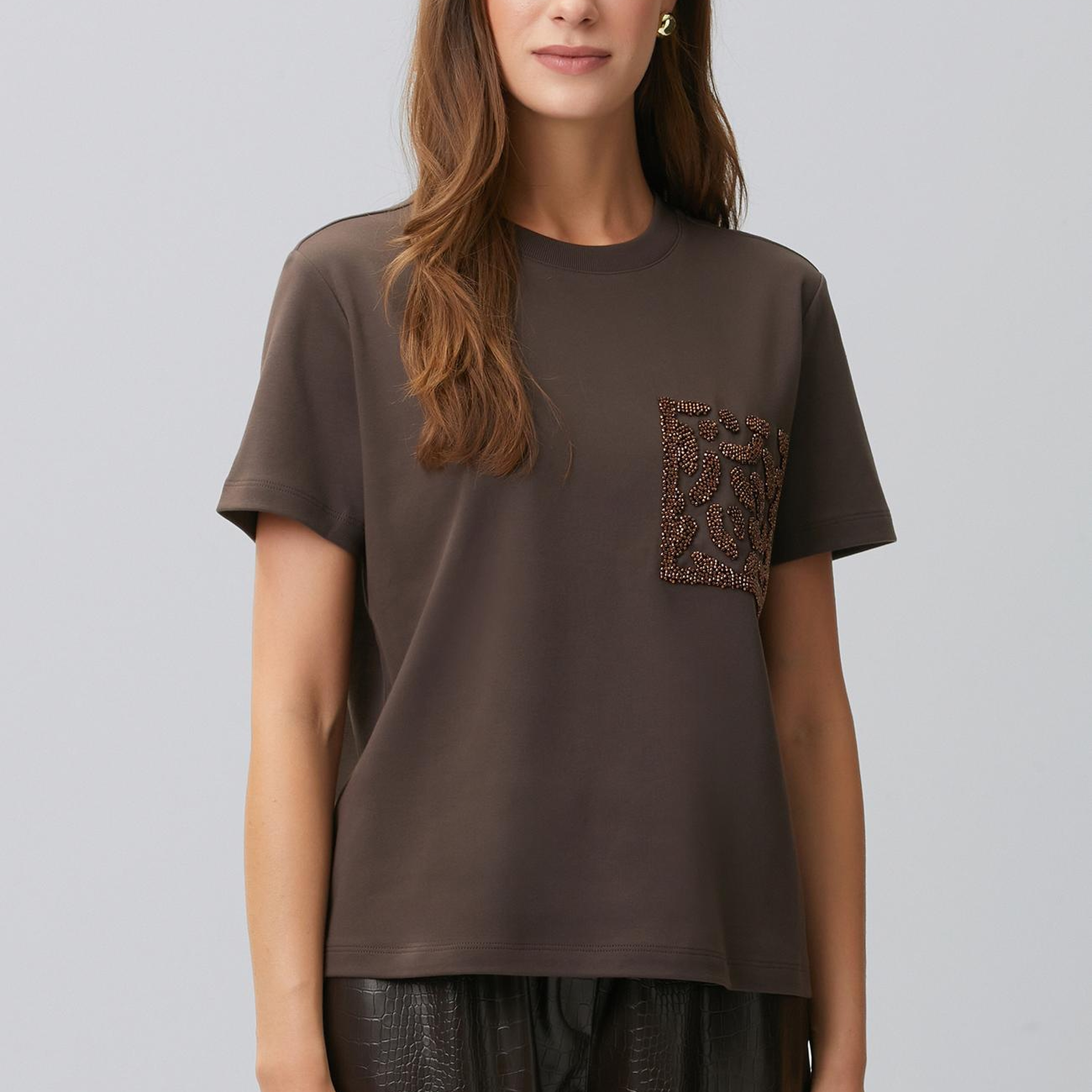 Network Kadın Acı Kahve Cep Detaylı T-shirt