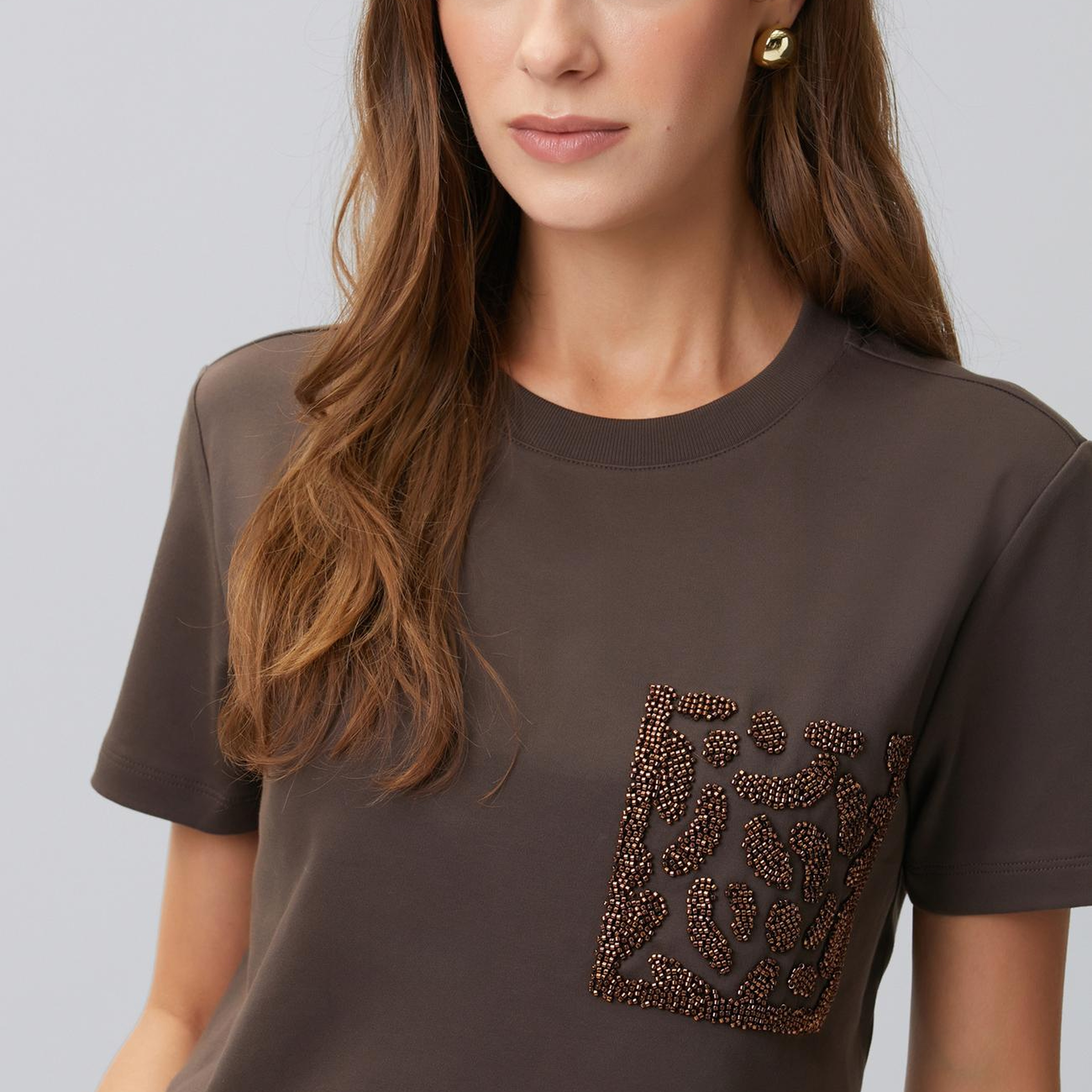 Network Kadın Acı Kahve Cep Detaylı T-shirt