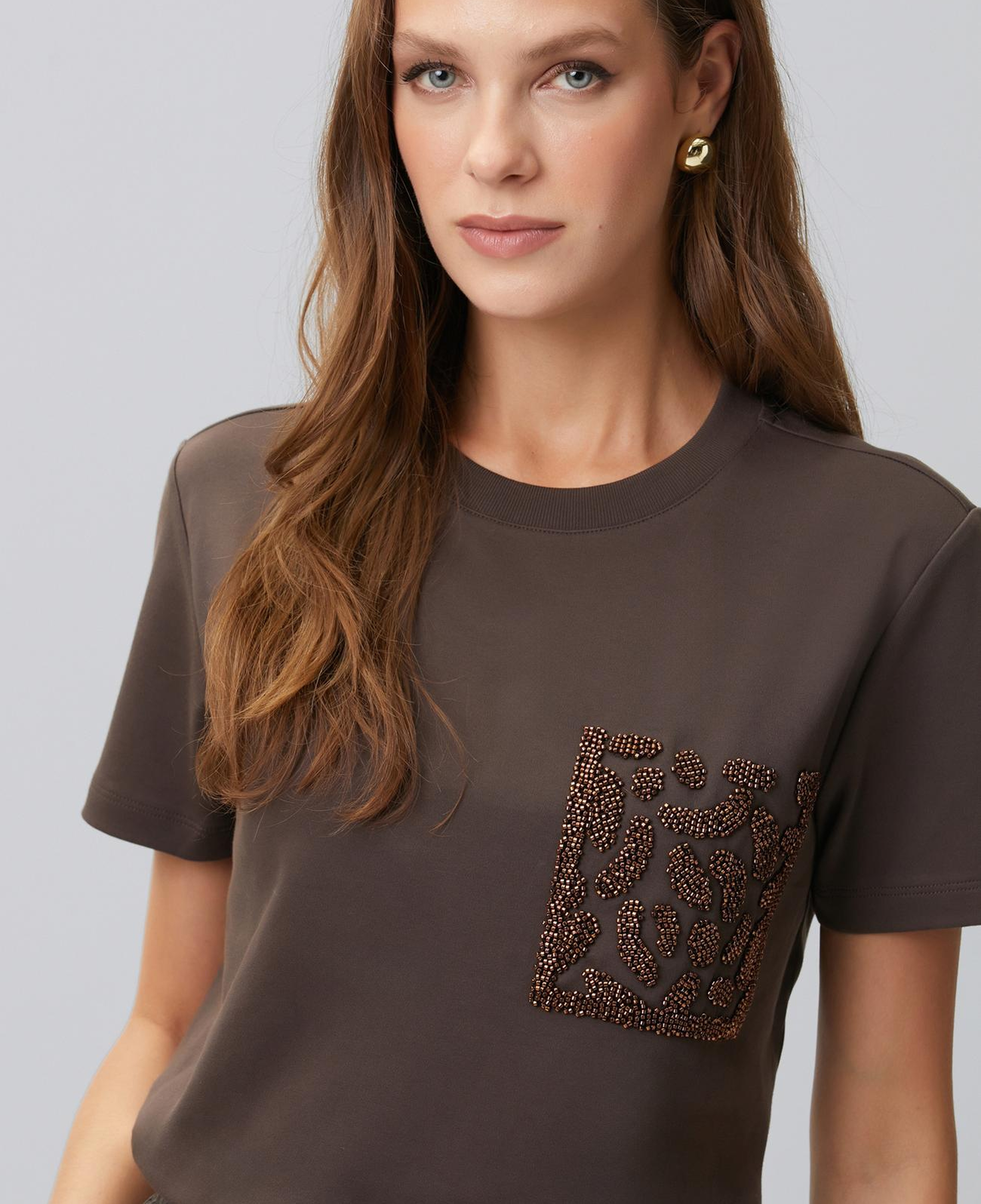 Network Kadın Acı Kahve Cep Detaylı T-shirt
