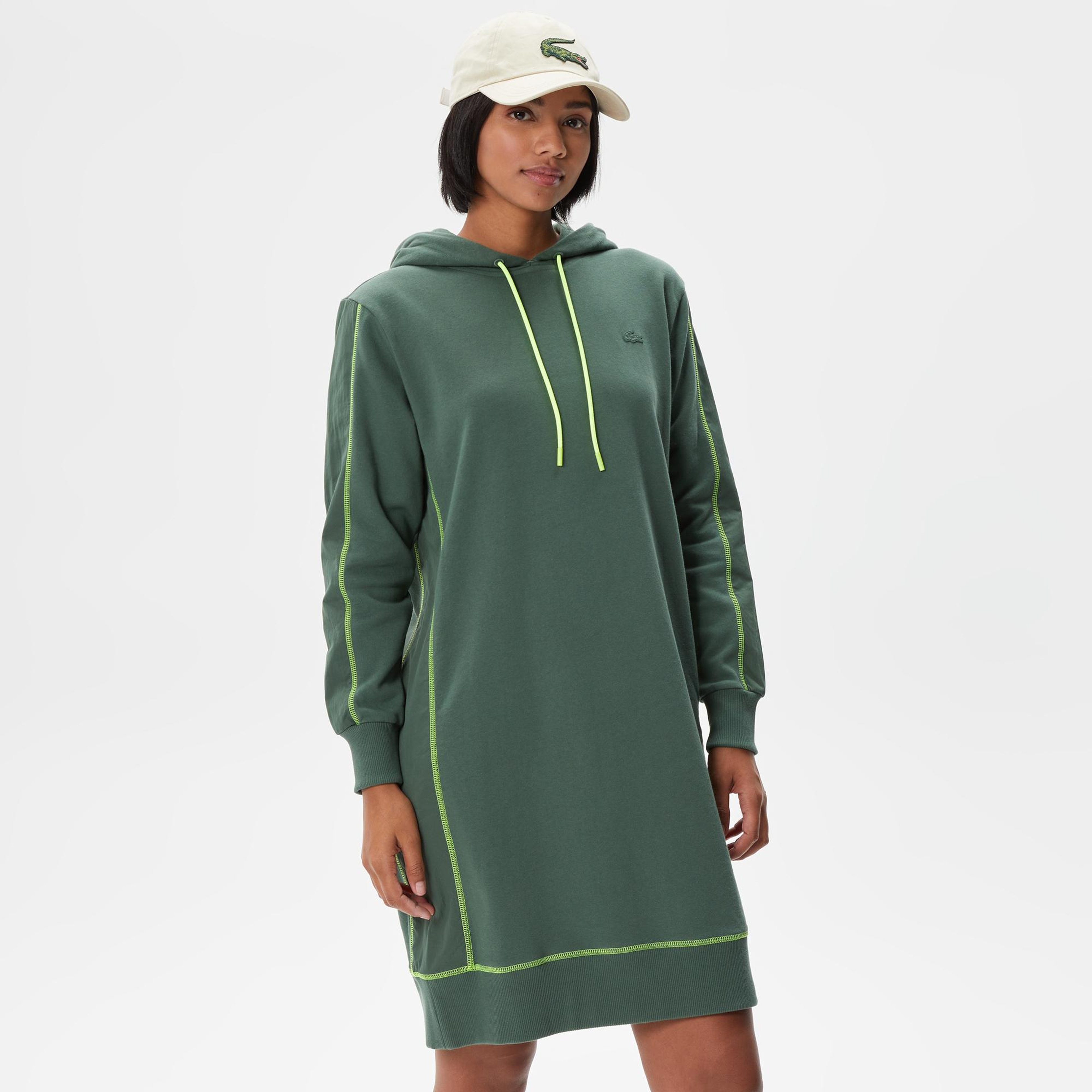 Kadın Loose Fit Uzun Kollu Kapüşonlu Desenli Haki Elbise