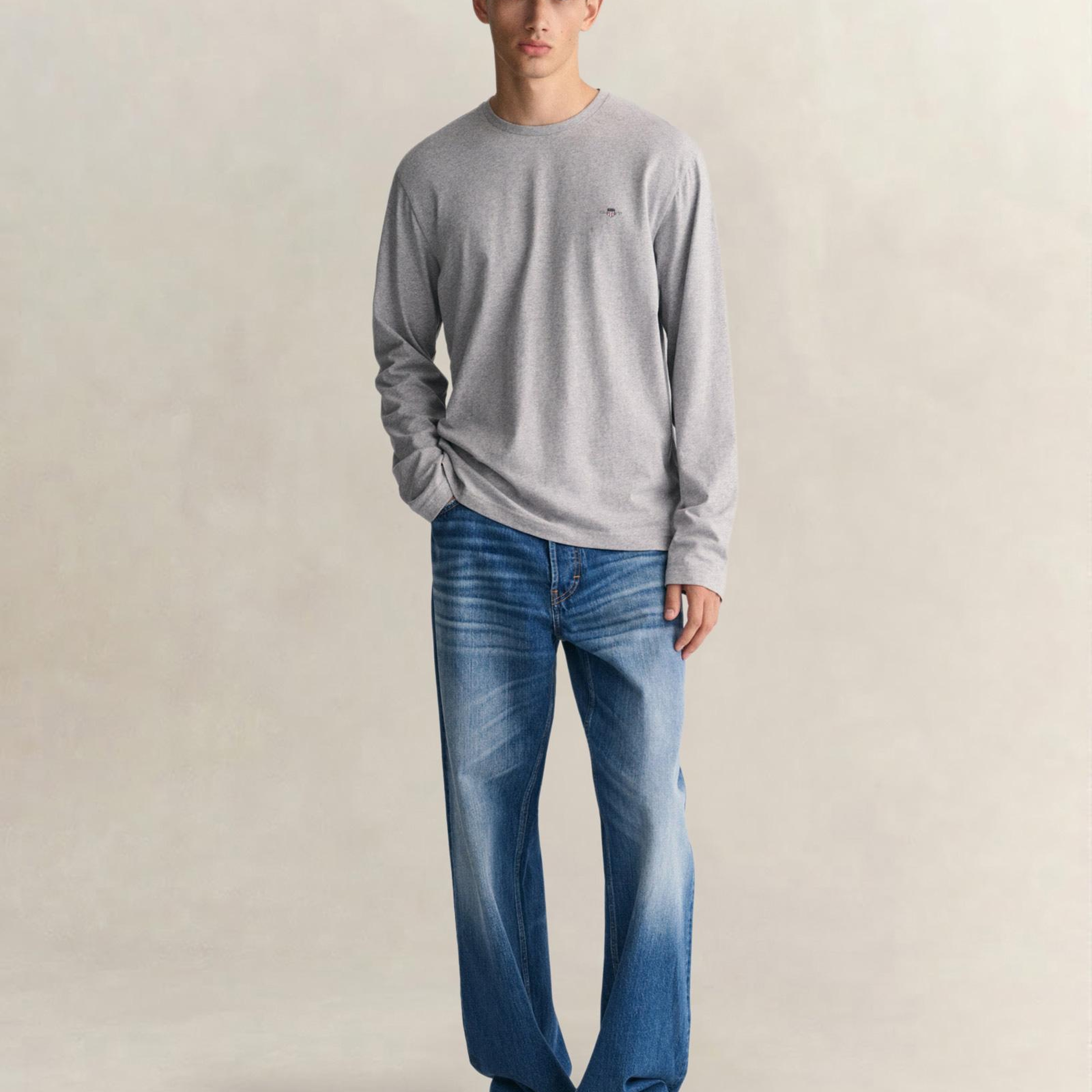 GANT Erkek Gri Regular Fit Bisiklet Yaka Uzun Kollu T-Shirt