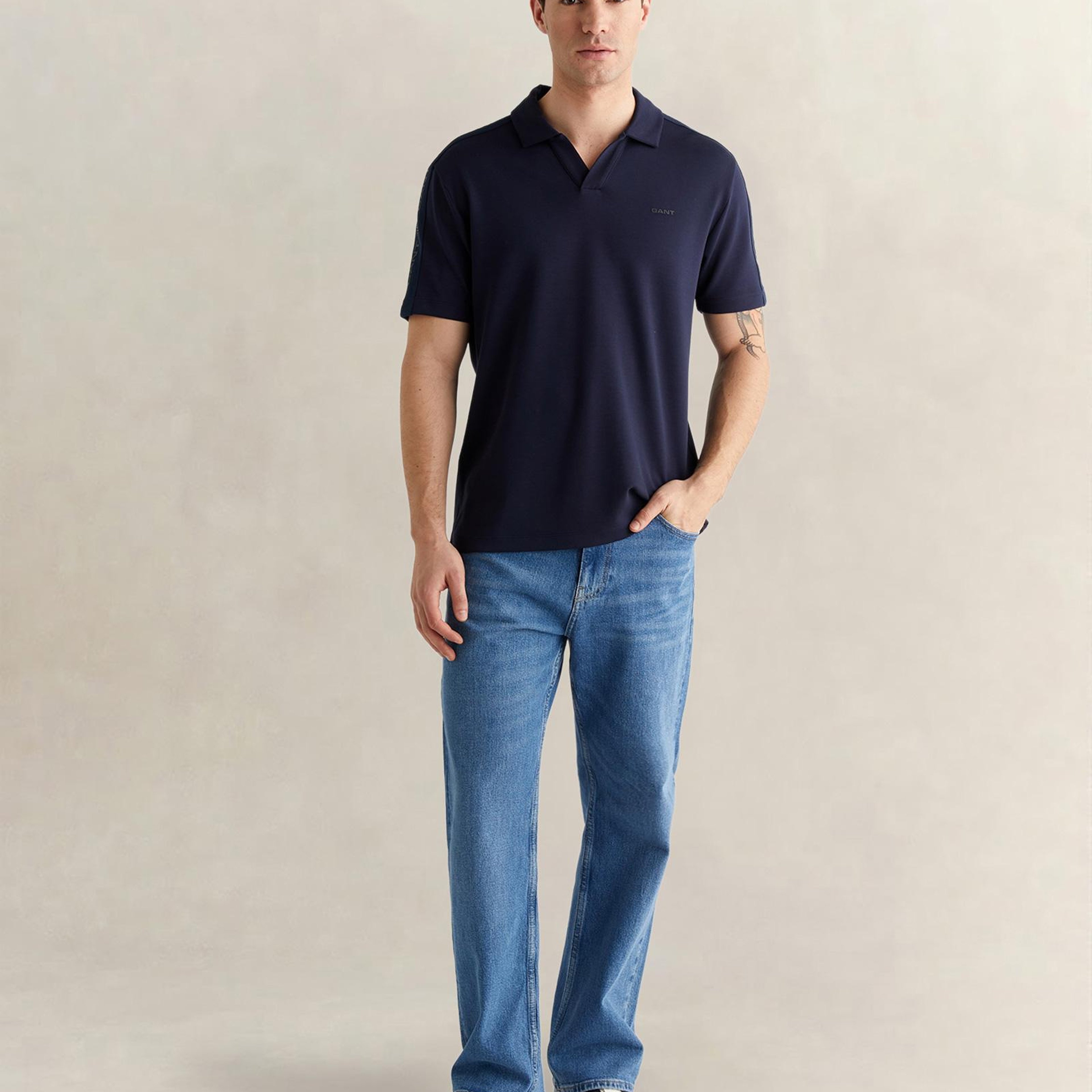GANT Erkek Lacivert Regular Fit Şerit Detaylı Polo Yaka T-Shirt