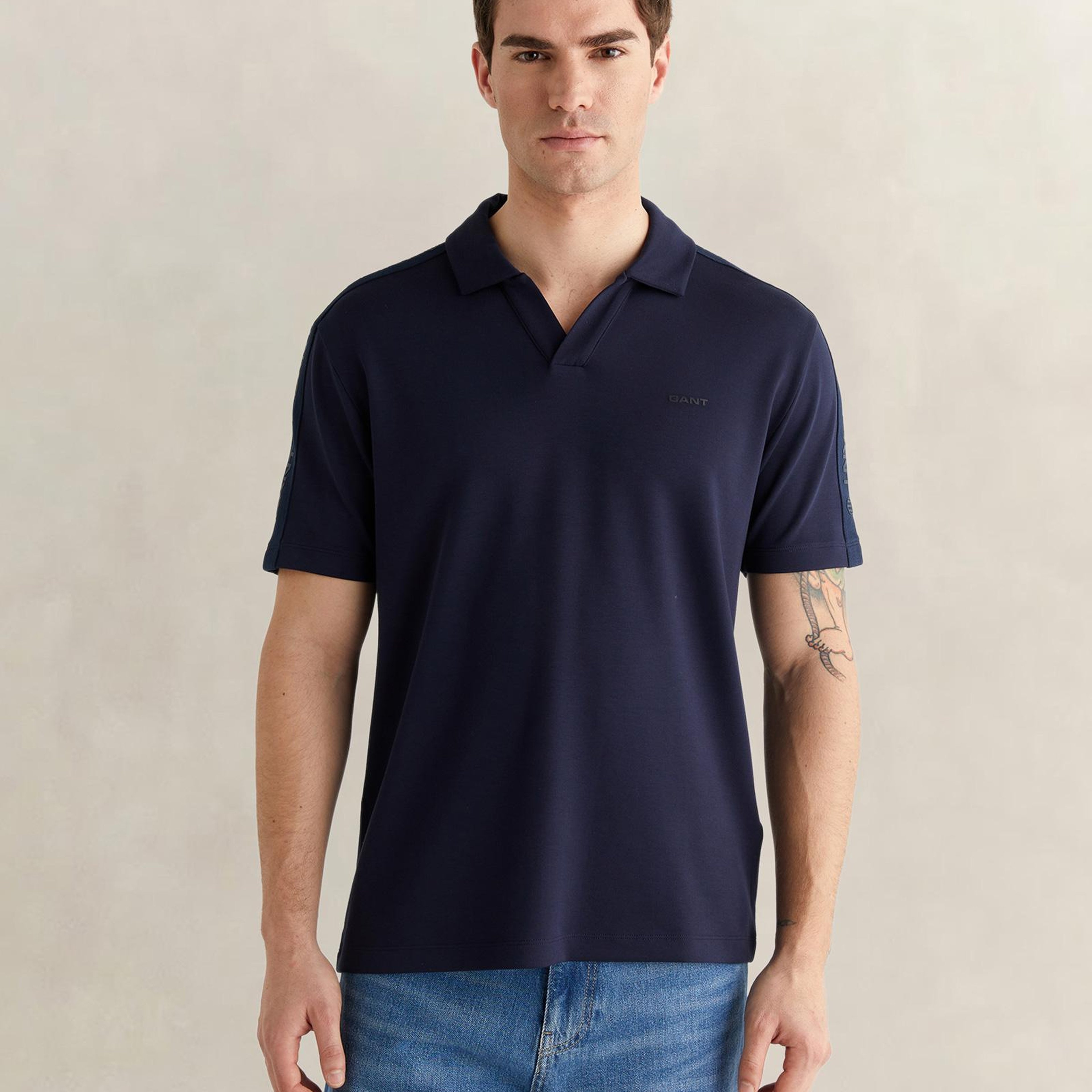 GANT Erkek Lacivert Regular Fit Şerit Detaylı Polo Yaka T-Shirt