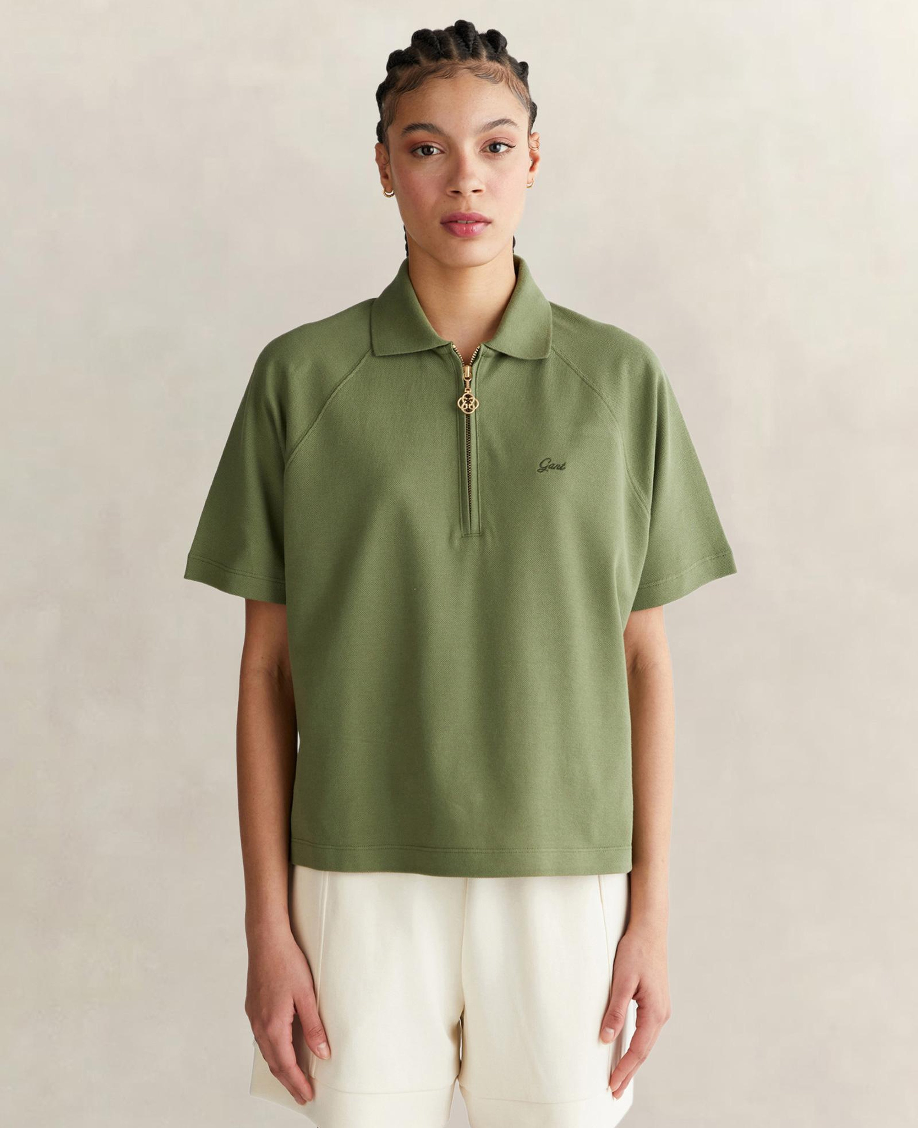 GANT Kadın Yeşil Regular Fit Yarım Fermuarlı Polo Yaka T-Shirt