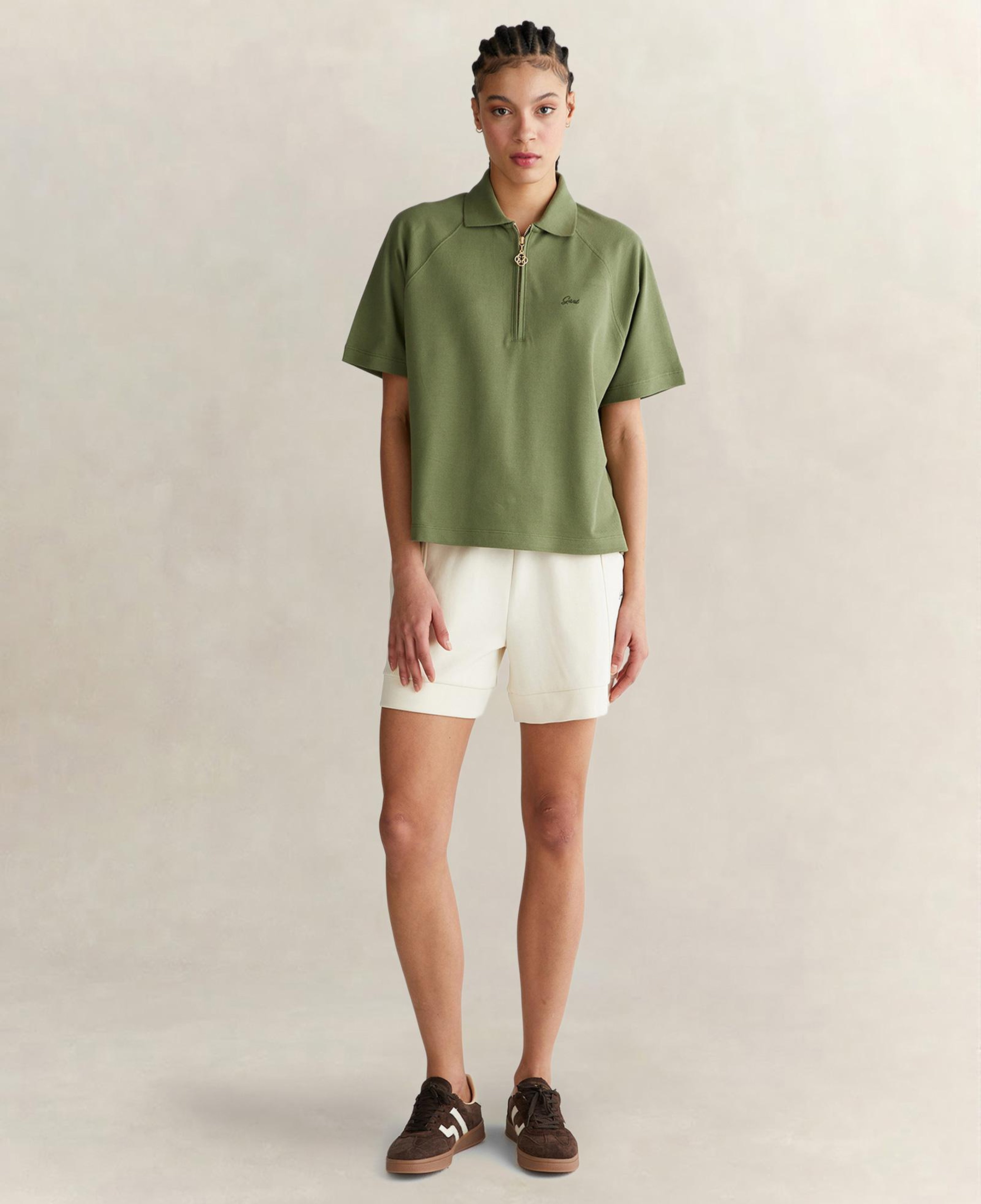 GANT Kadın Yeşil Regular Fit Yarım Fermuarlı Polo Yaka T-Shirt