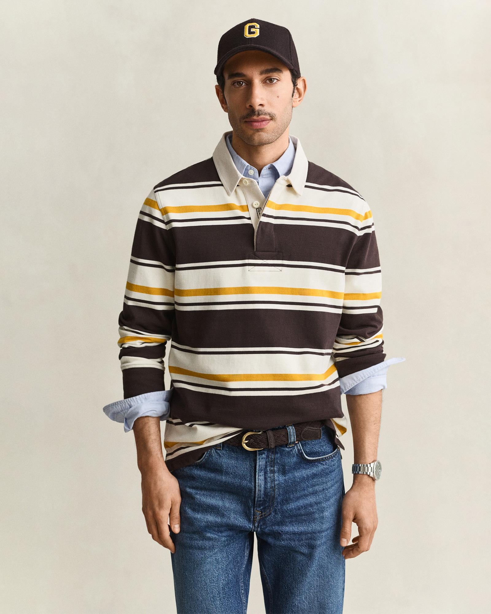 GANT Erkek Kahverengi Çizgili Rugby Yaka T-Shirt