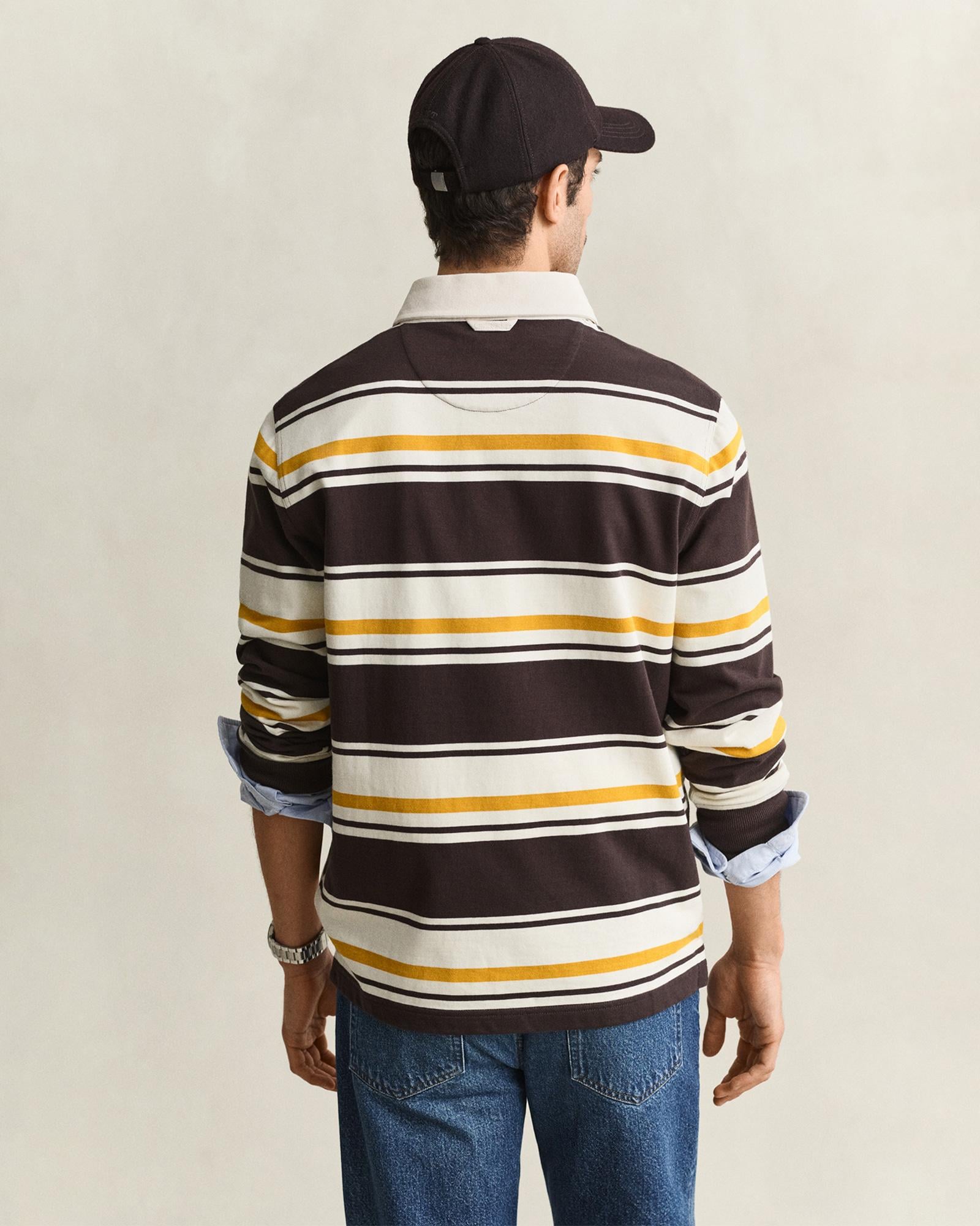 GANT Erkek Kahverengi Çizgili Rugby Yaka T-Shirt