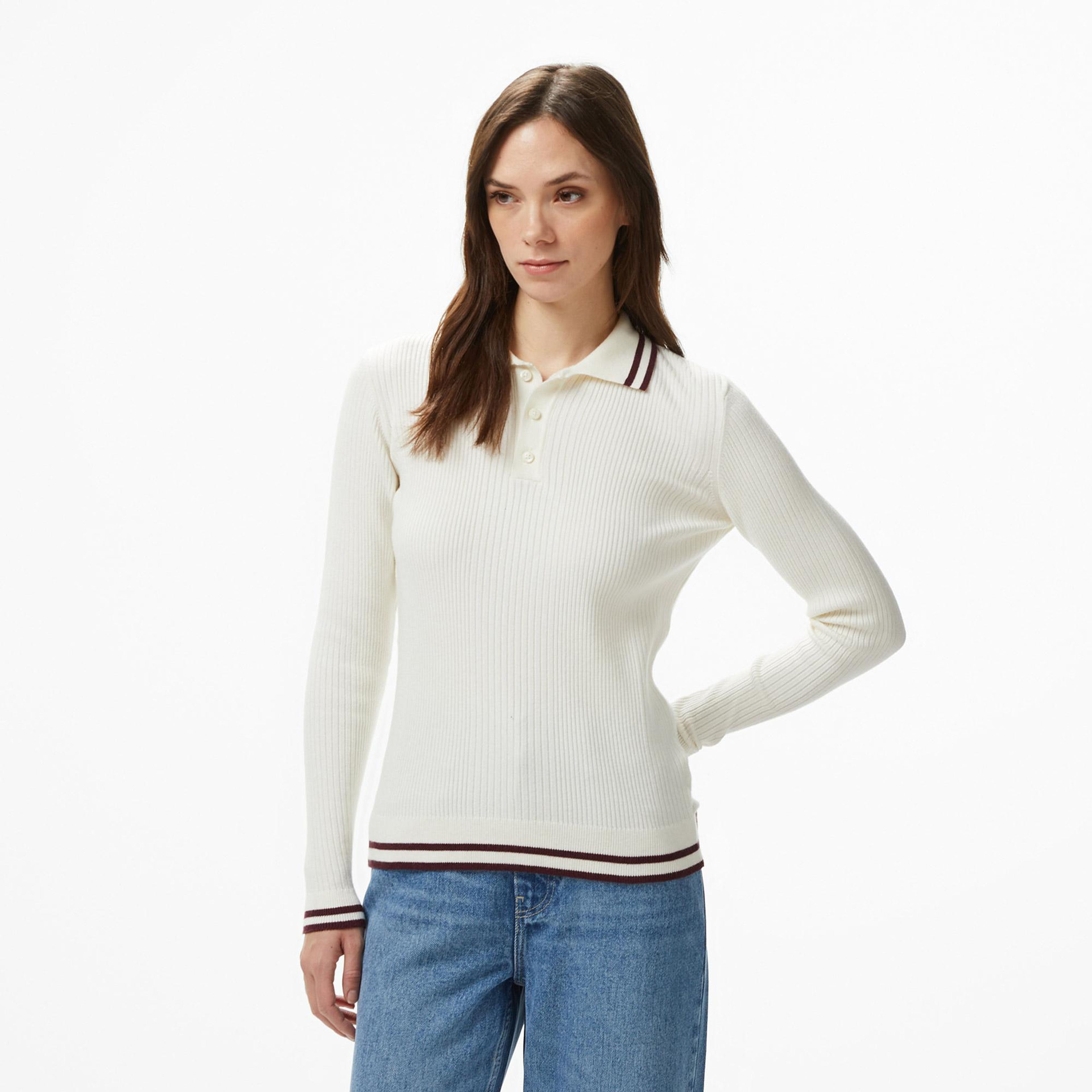 Nautica Kadın Krem Classic Fit Uzun Kollu Polo Yaka T-Shirt