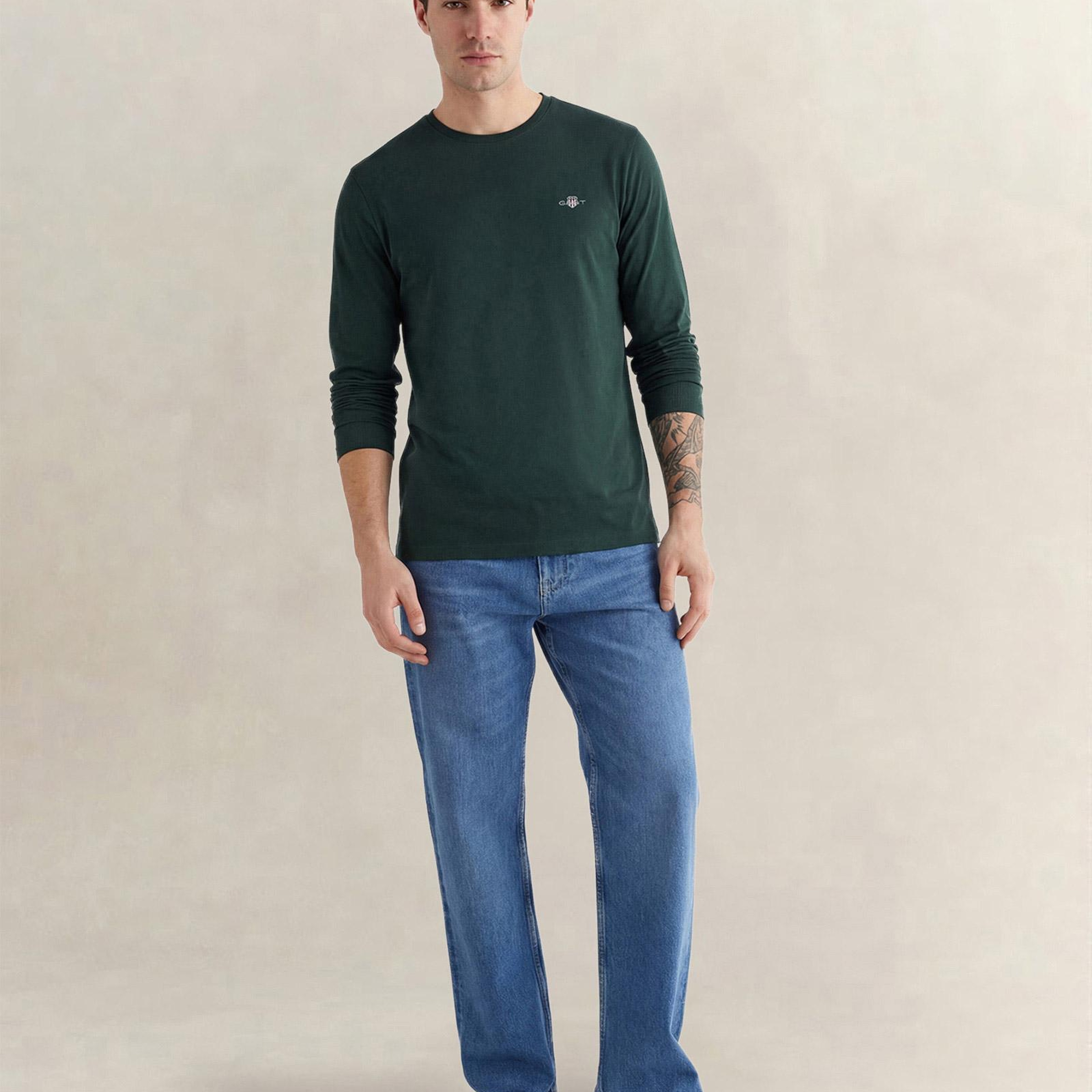 GANT Erkek Yeşil Regular Fit Bisiklet Yaka Uzun Kollu T-Shirt