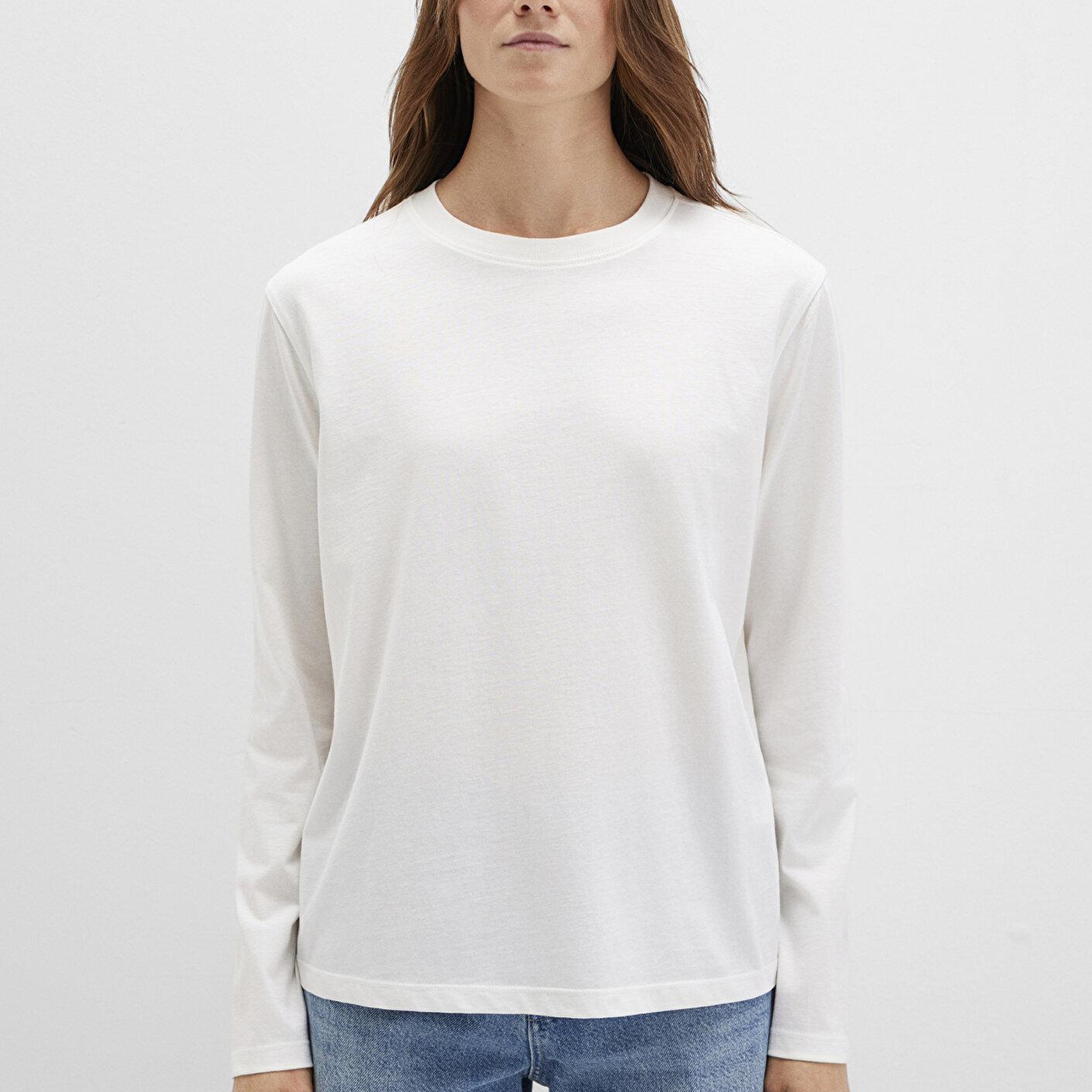 Mavi Uzun Kollu Ekru Basic Tişört Loose Fit / Bol Rahat Kesim 1613038-70057