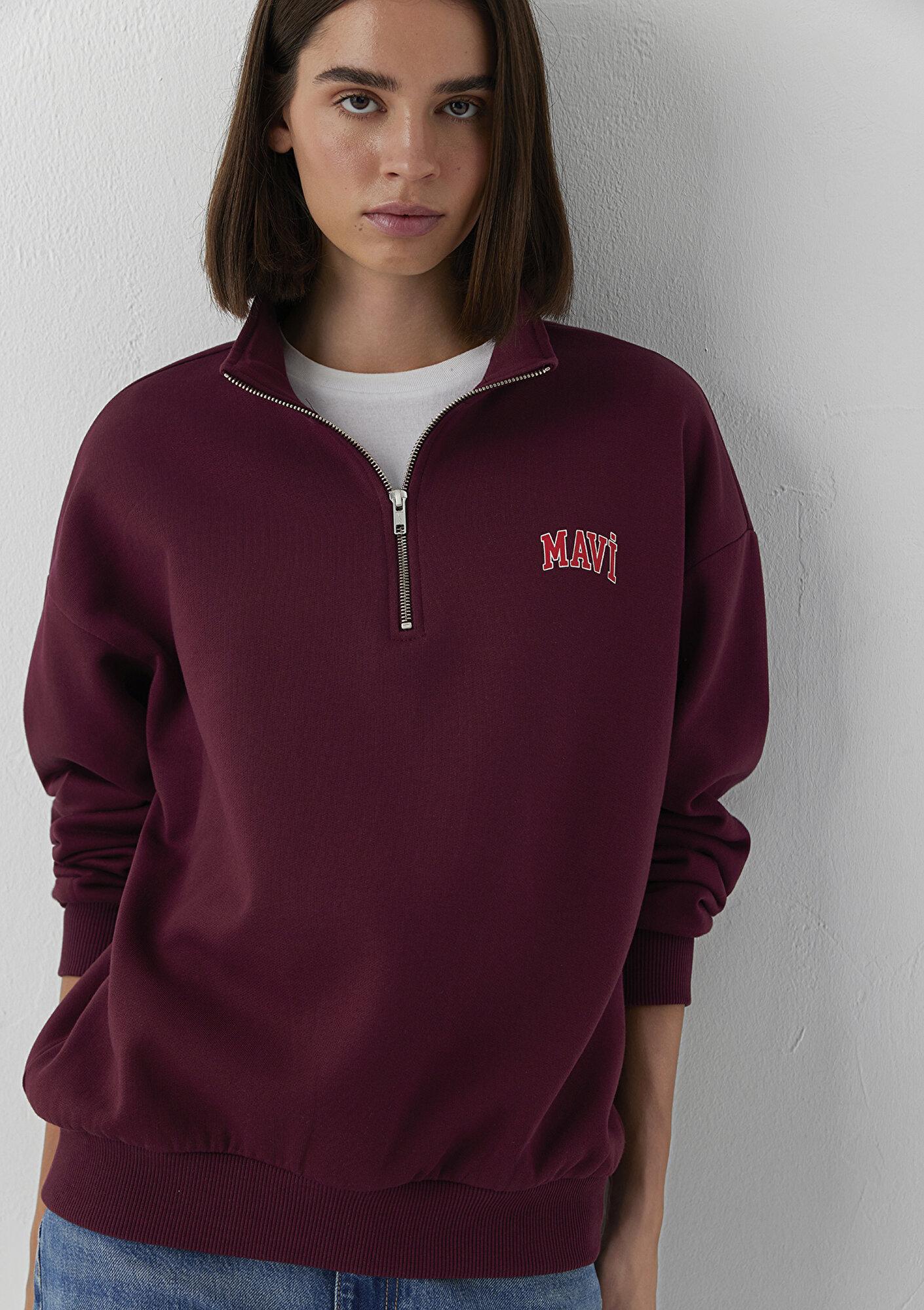 Mavi Mavi Logo Baskılı Yarı Fermuarlı Bordo Sweatshirt 1S10179-90705