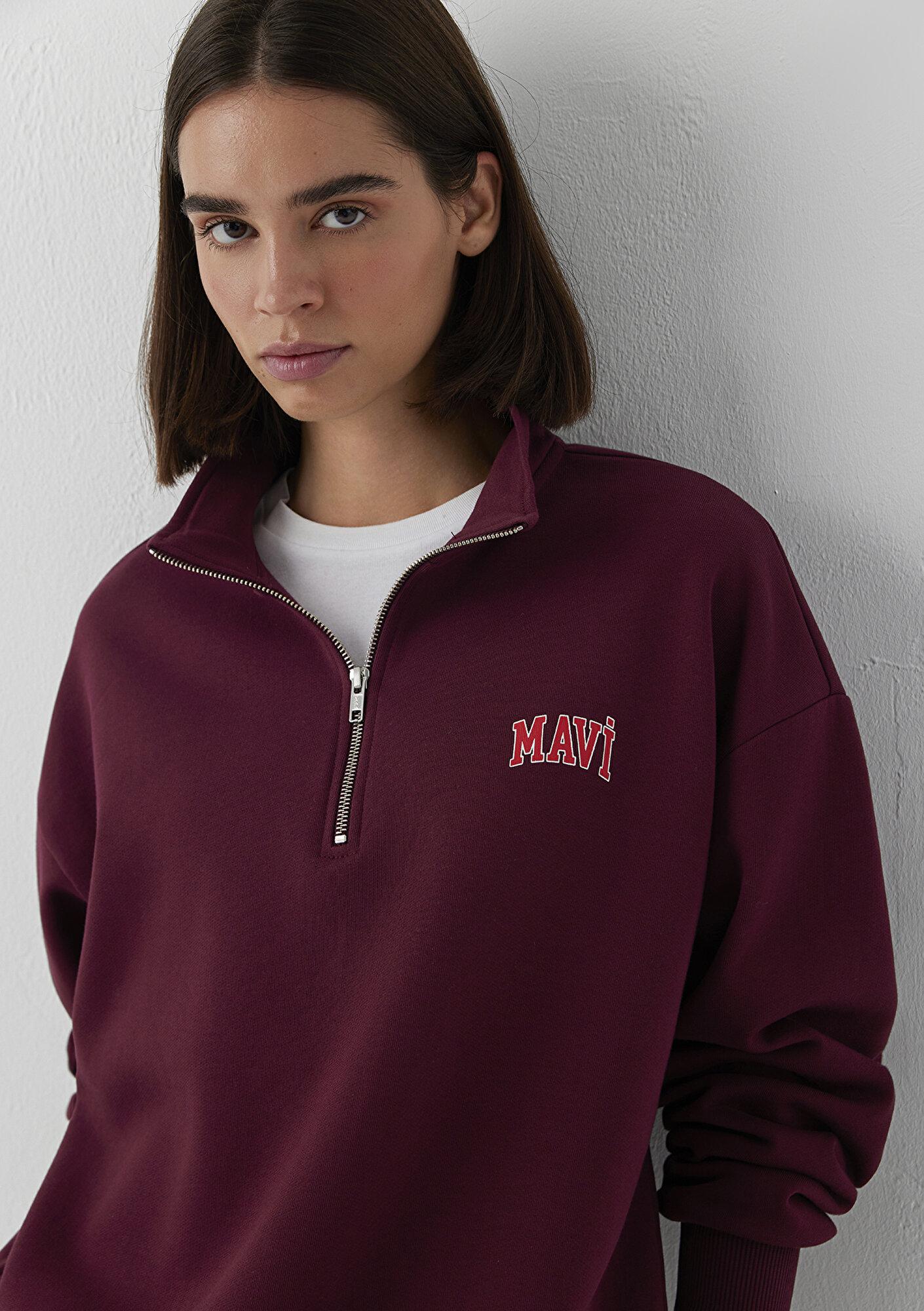 Mavi Mavi Logo Baskılı Yarı Fermuarlı Bordo Sweatshirt 1S10179-90705