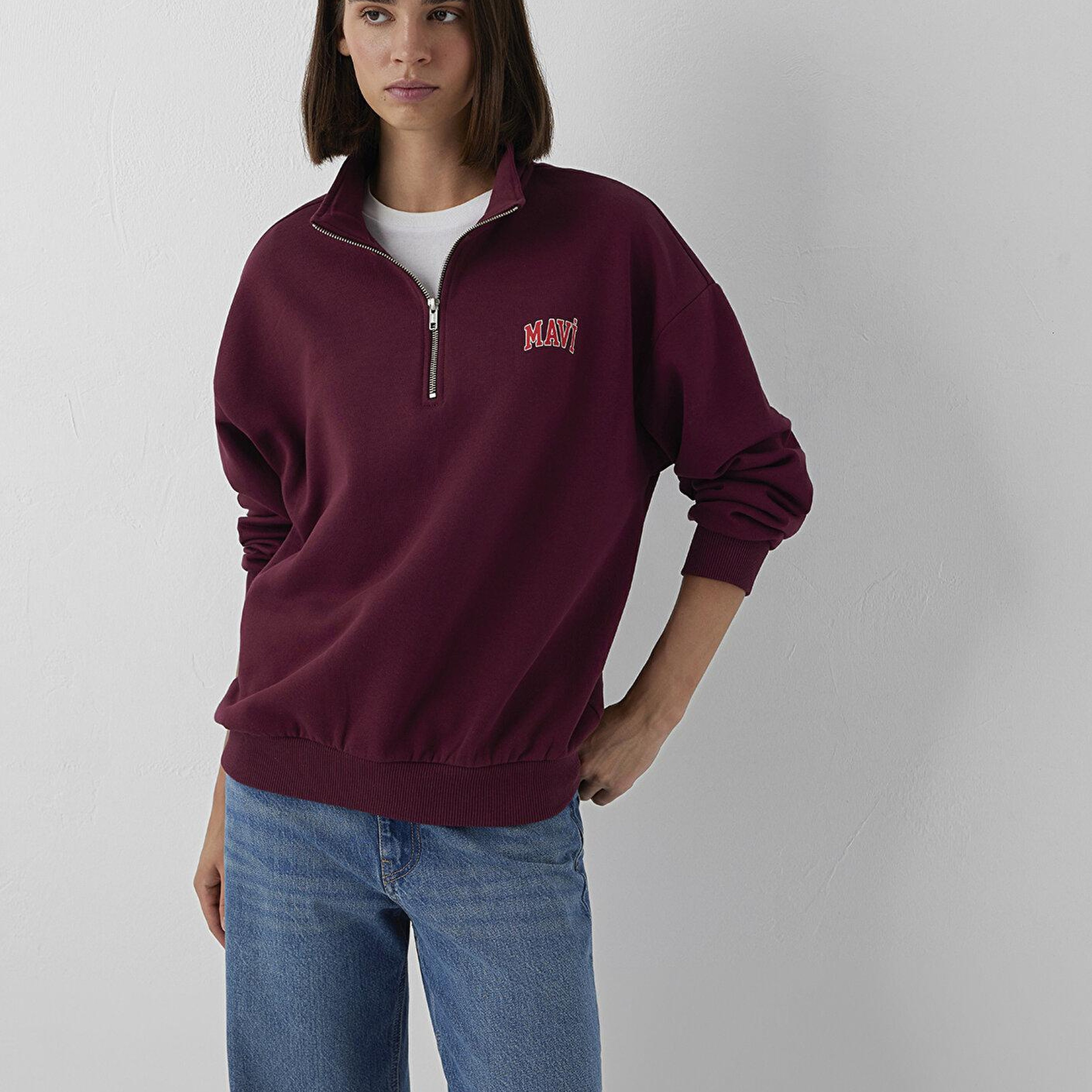 Mavi Mavi Logo Baskılı Yarı Fermuarlı Bordo Sweatshirt 1S10179-90705