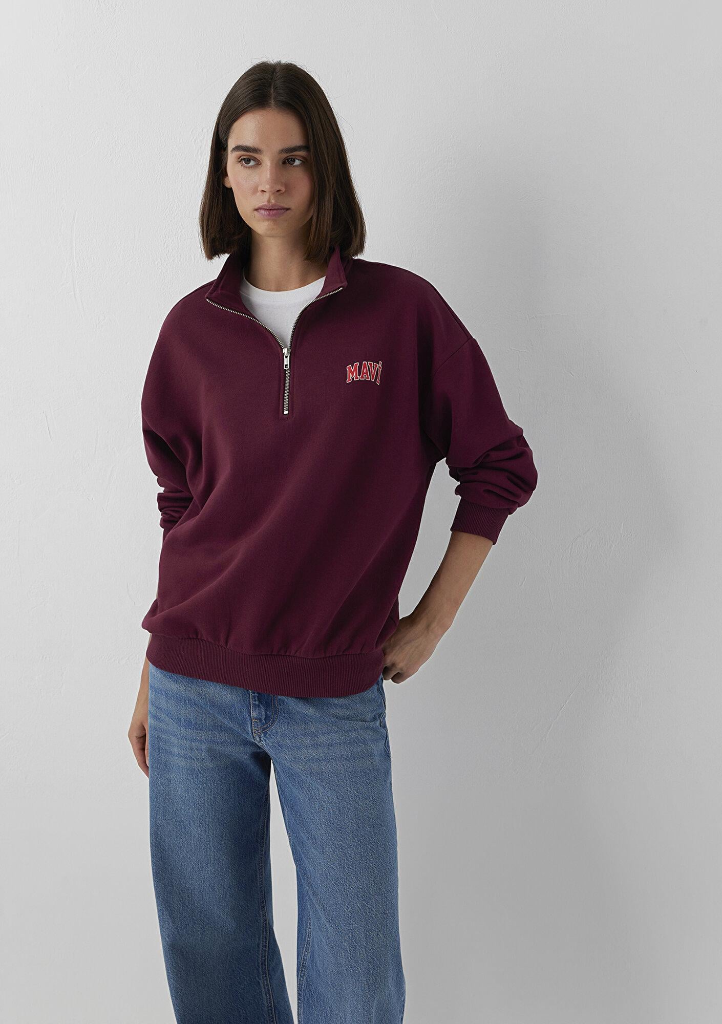 Mavi Mavi Logo Baskılı Yarı Fermuarlı Bordo Sweatshirt 1S10179-90705
