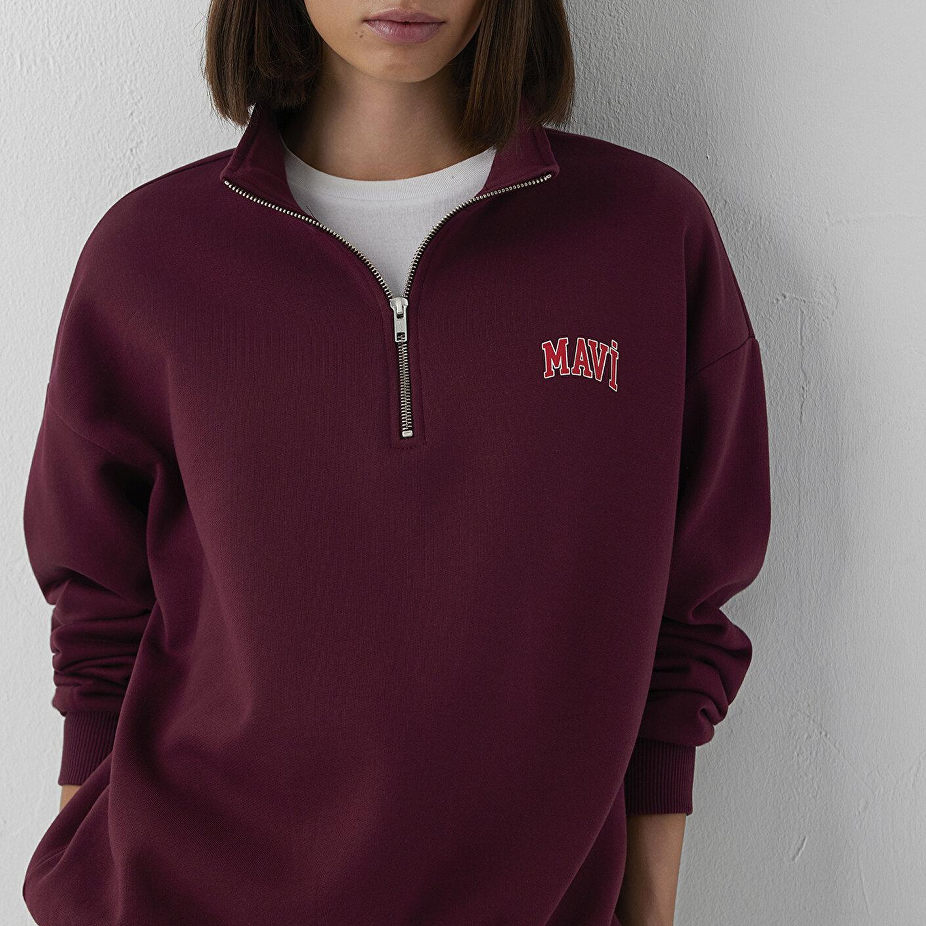 Mavi Mavi Logo Baskılı Yarı Fermuarlı Bordo Sweatshirt 1S10179-90705
