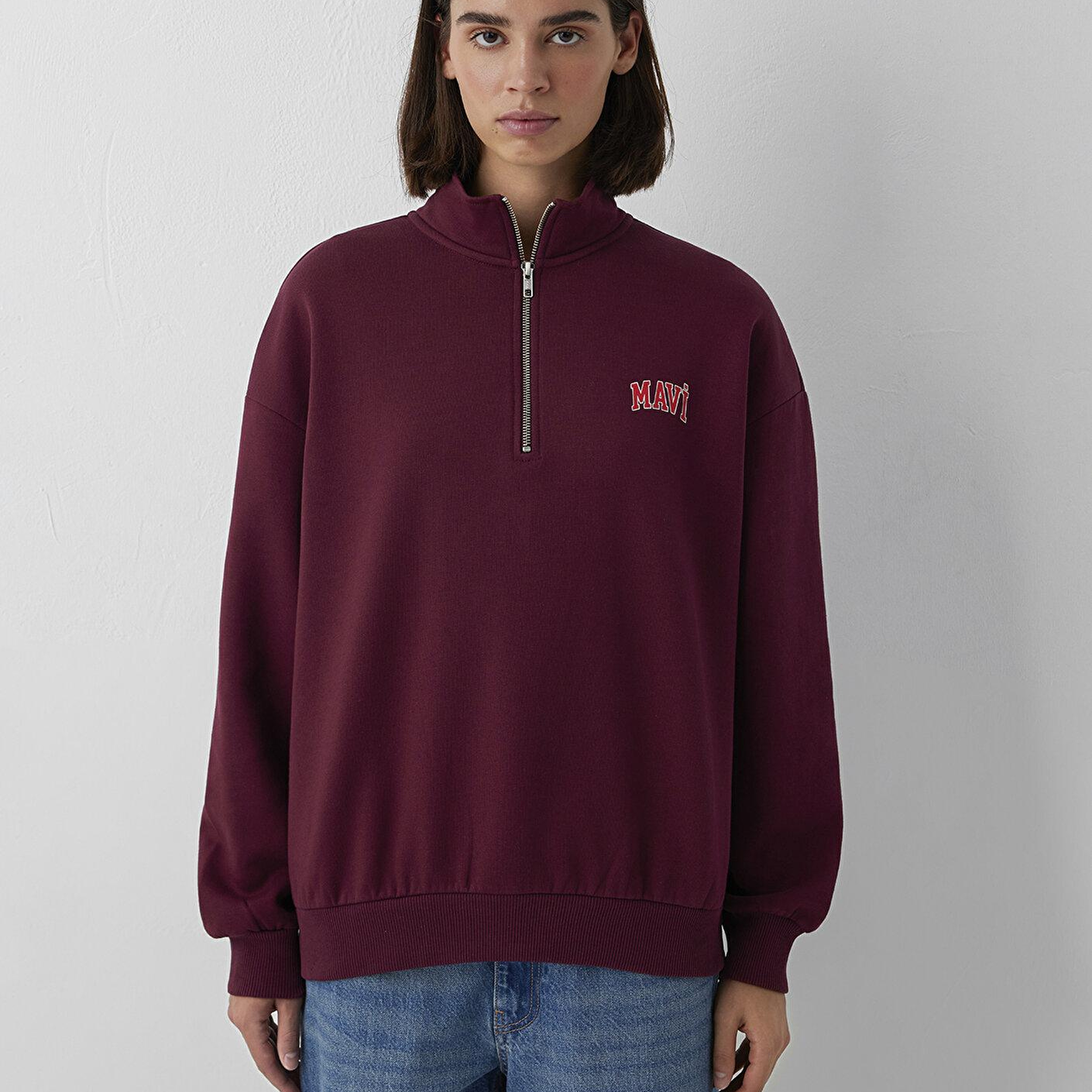 Mavi Mavi Logo Baskılı Yarı Fermuarlı Bordo Sweatshirt 1S10179-90705