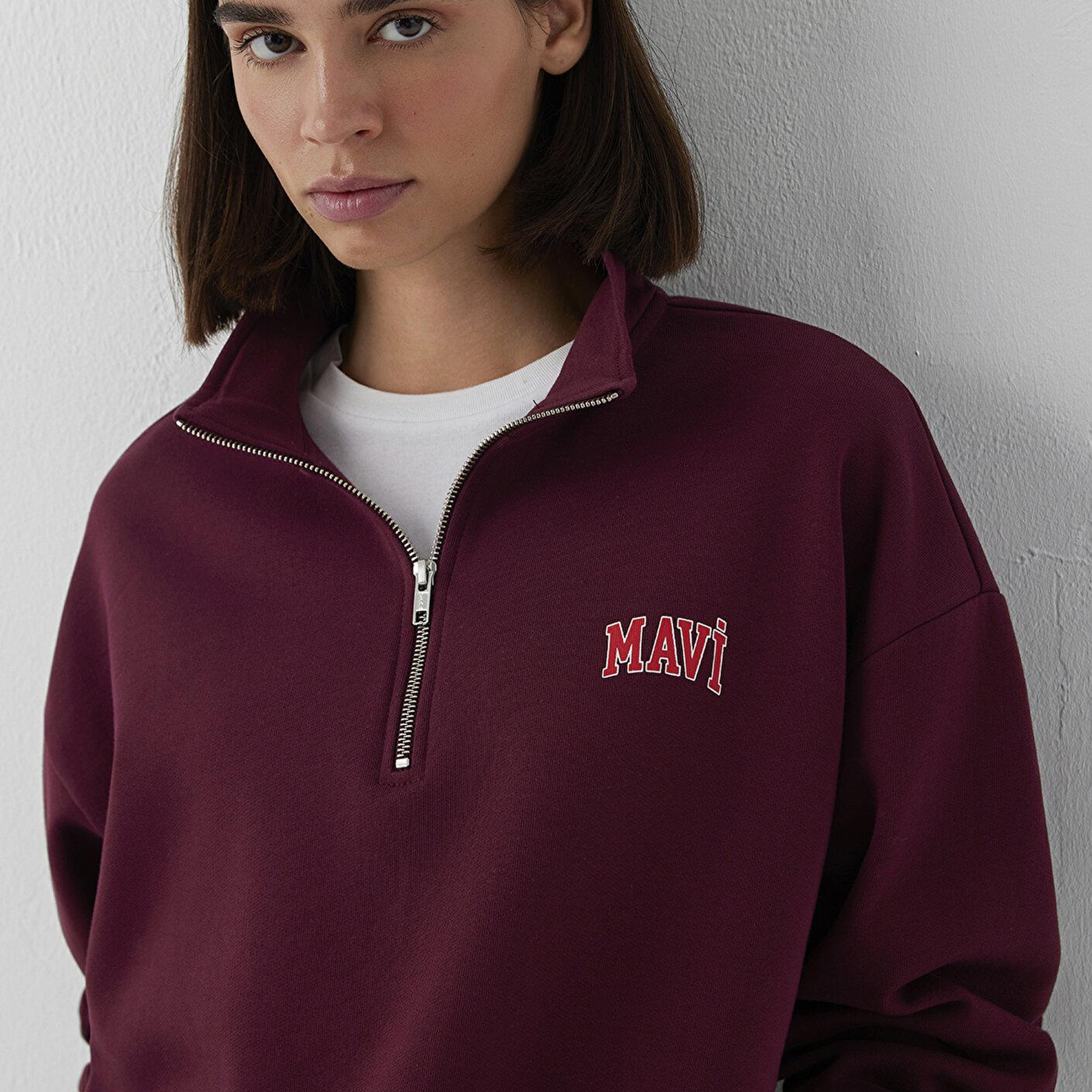 Mavi Mavi Logo Baskılı Yarı Fermuarlı Bordo Sweatshirt 1S10179-90705