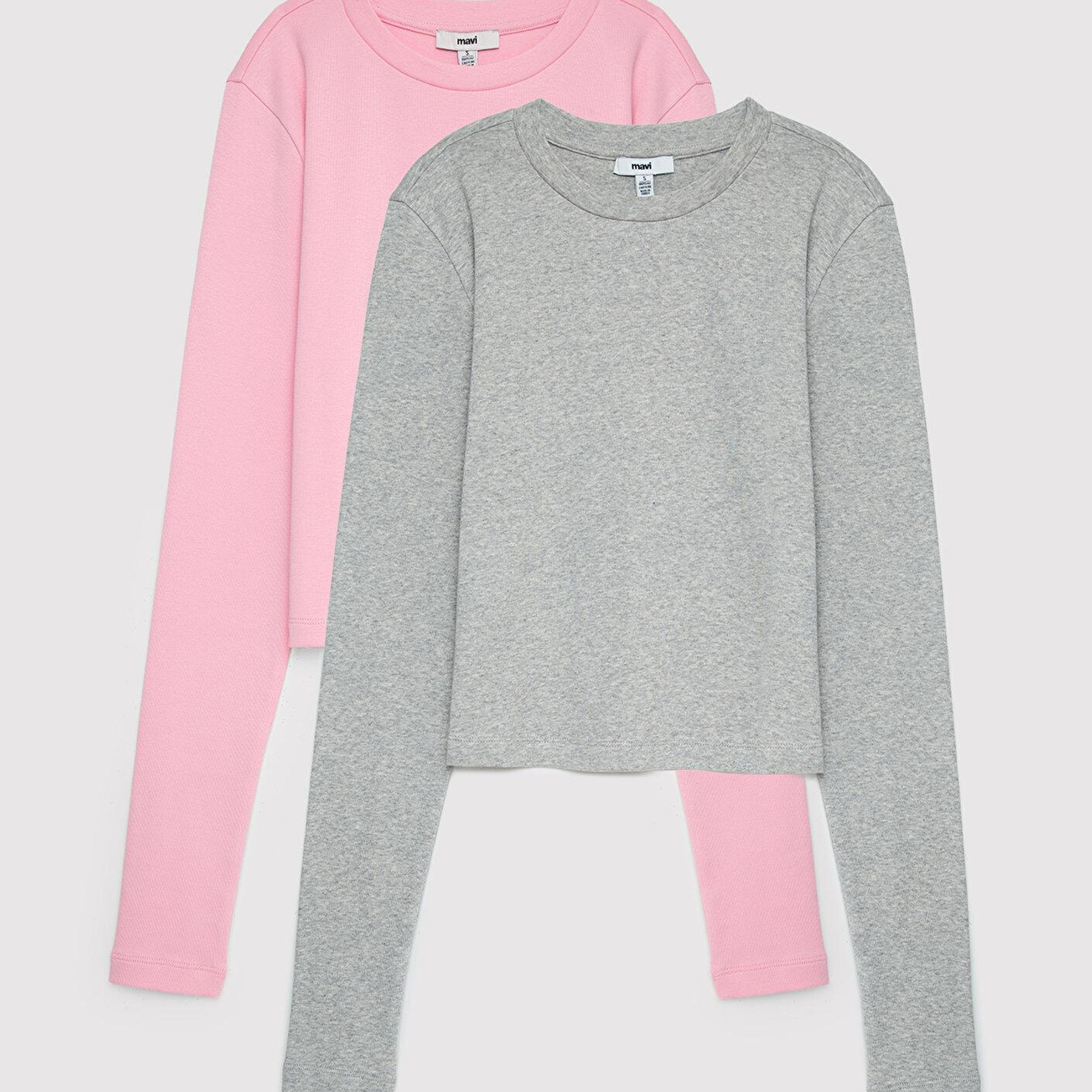 Mavi 2li Uzun Kollu Crop Basic Tişört Fitted / Vücuda Oturan Kesim 1613021-71014