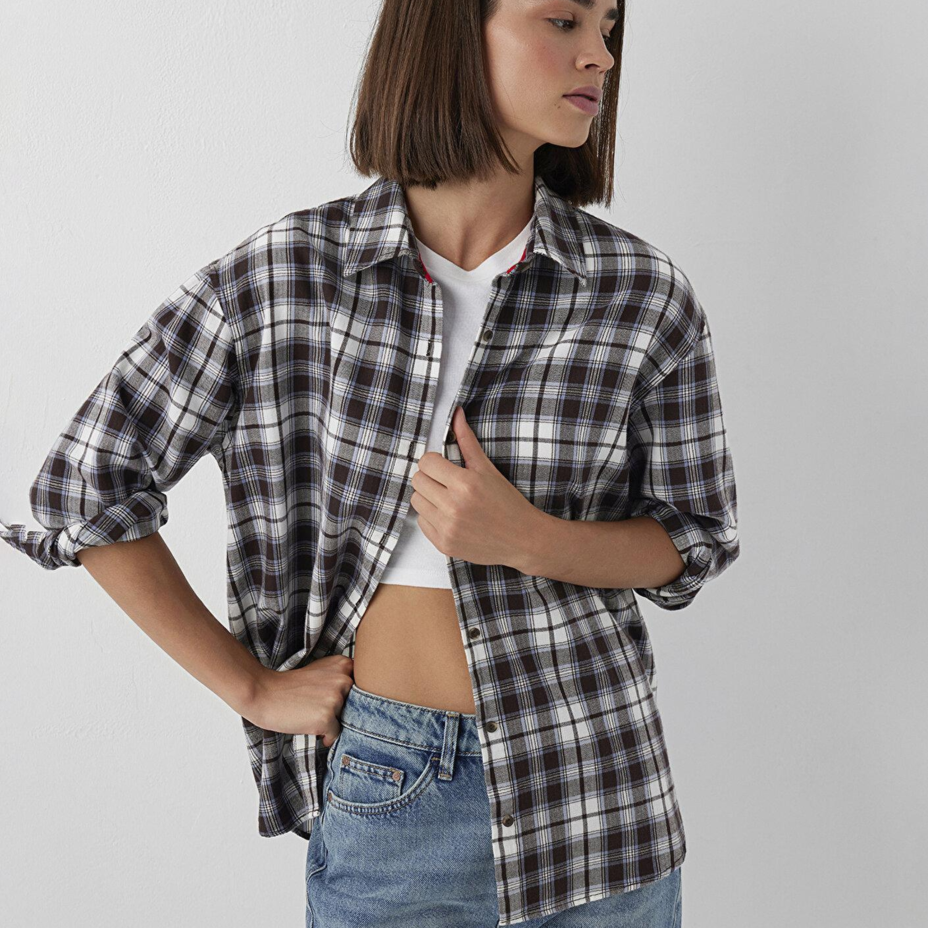 Mavi Kareli Gömlek Loose Fit / Bol Rahat Kesim 1211586-80031