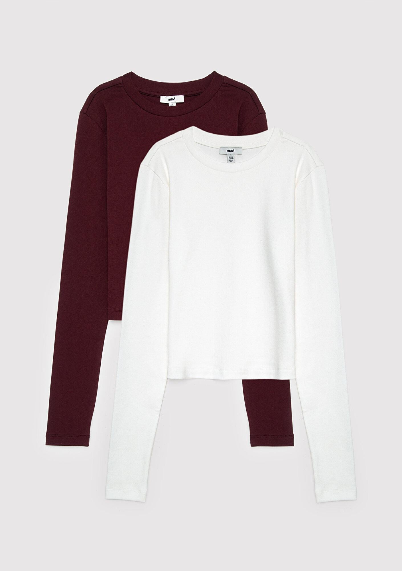 Mavi 2li Uzun Kollu Crop Basic Tişört Fitted / Vücuda Oturan Kesim 1613021-70422