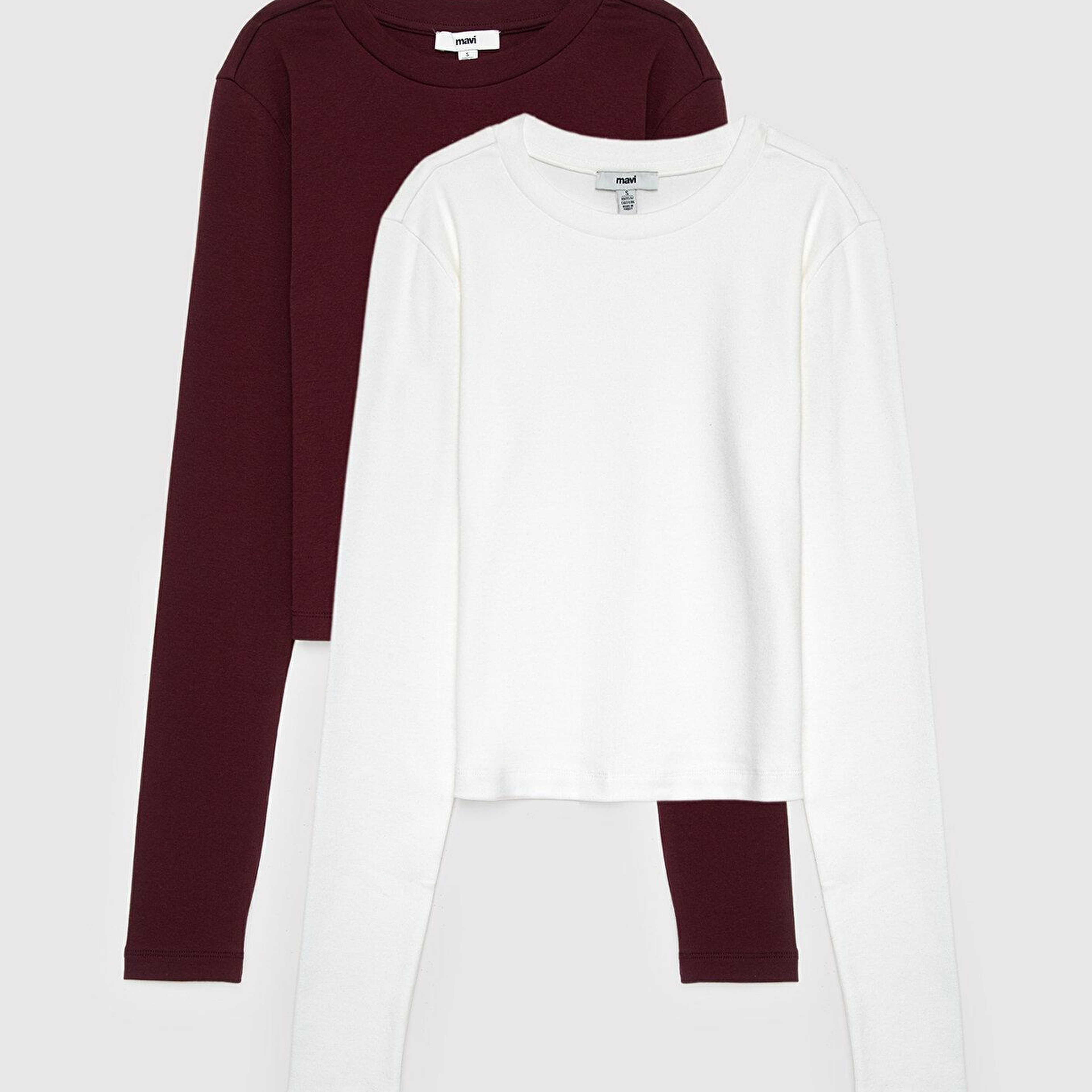 Mavi 2li Uzun Kollu Crop Basic Tişört Fitted / Vücuda Oturan Kesim 1613021-70422