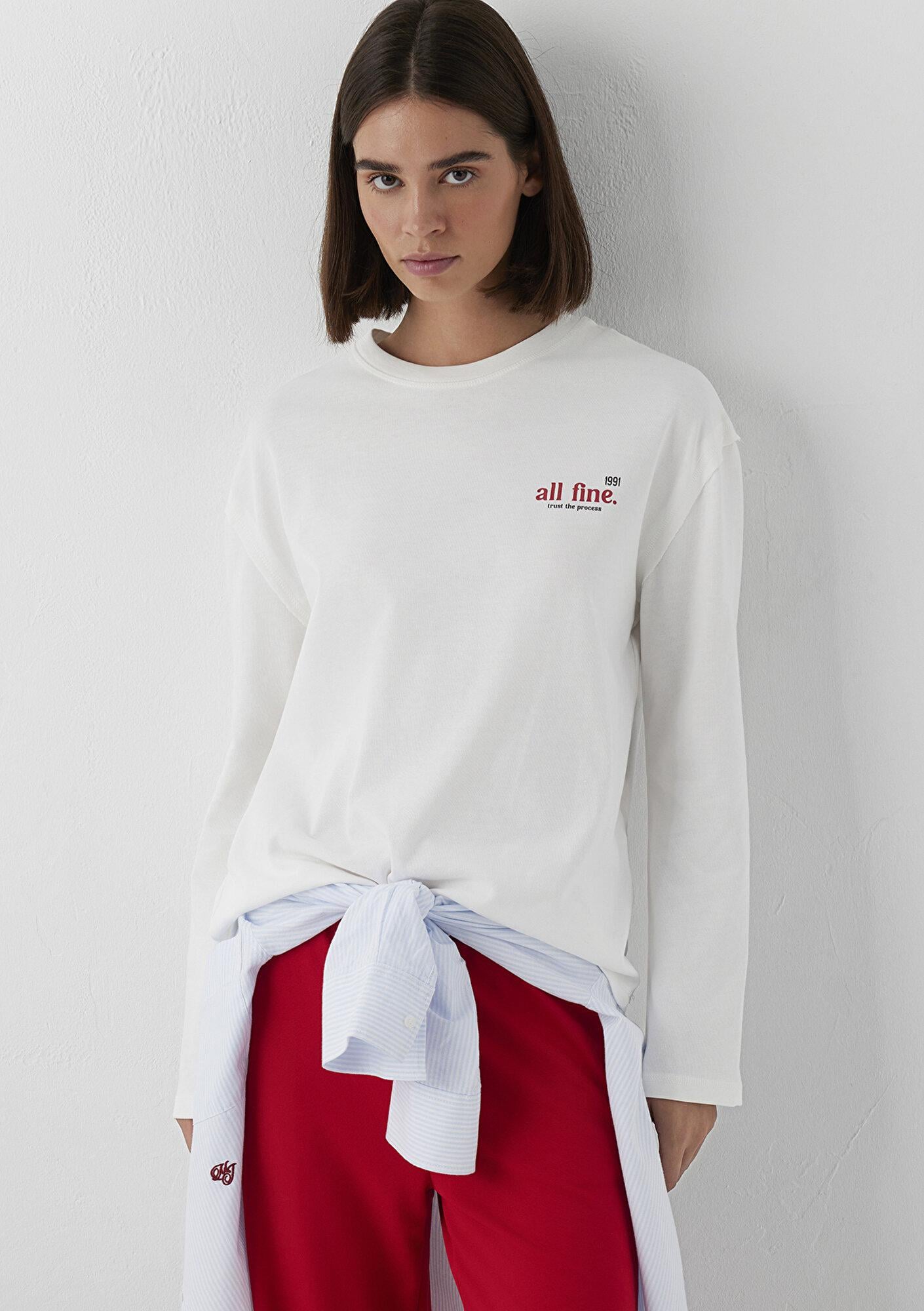 Mavi Baskılı Ekru Tişört Loose Fit / Bol Rahat Kesim 1620042-70057