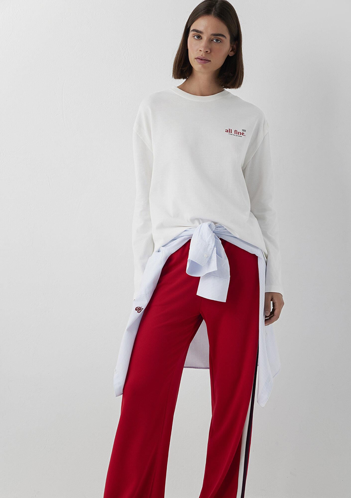 Mavi Baskılı Ekru Tişört Loose Fit / Bol Rahat Kesim 1620042-70057