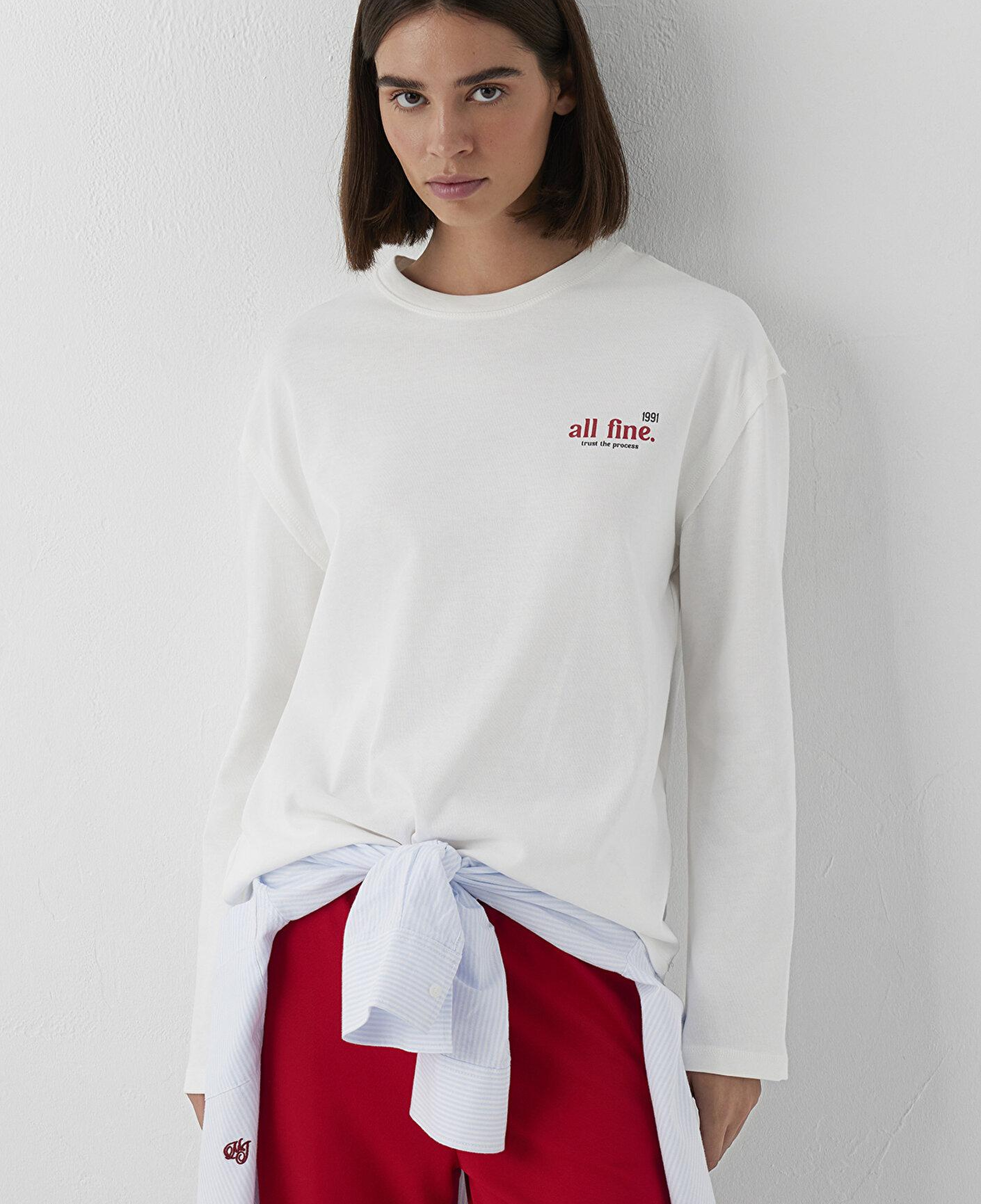 Mavi Baskılı Ekru Tişört Loose Fit / Bol Rahat Kesim 1620042-70057