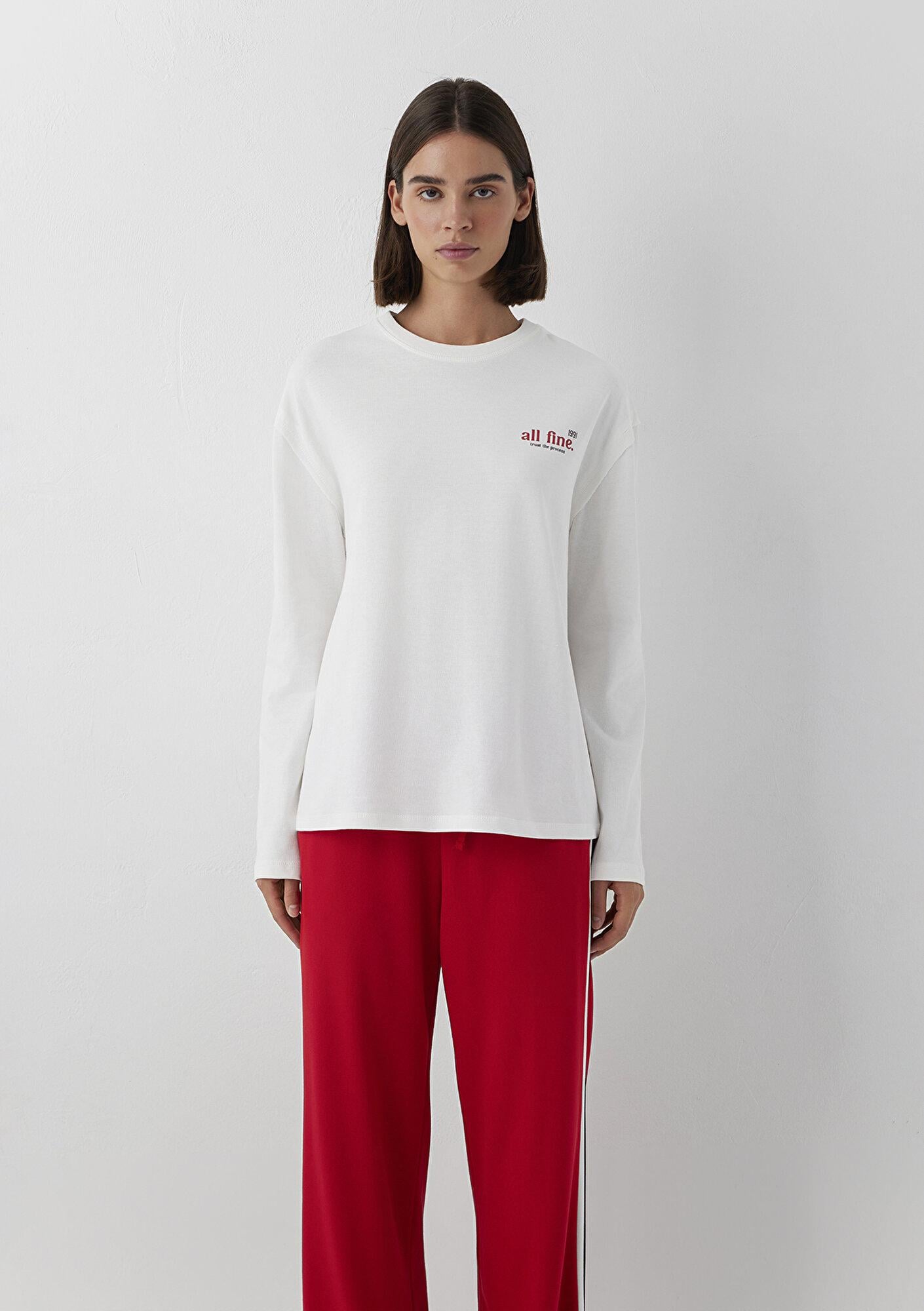 Mavi Baskılı Ekru Tişört Loose Fit / Bol Rahat Kesim 1620042-70057