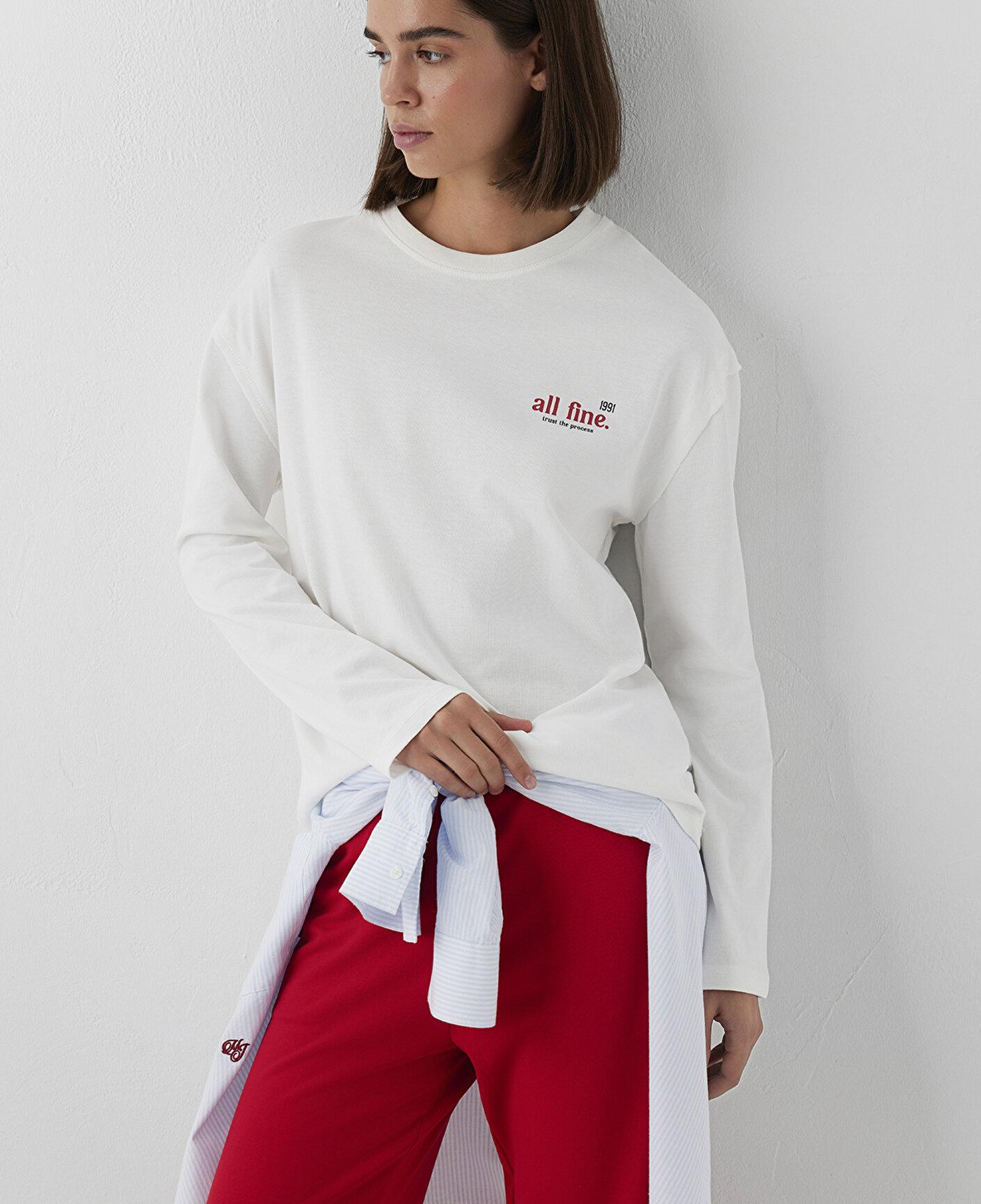 Mavi Baskılı Ekru Tişört Loose Fit / Bol Rahat Kesim 1620042-70057