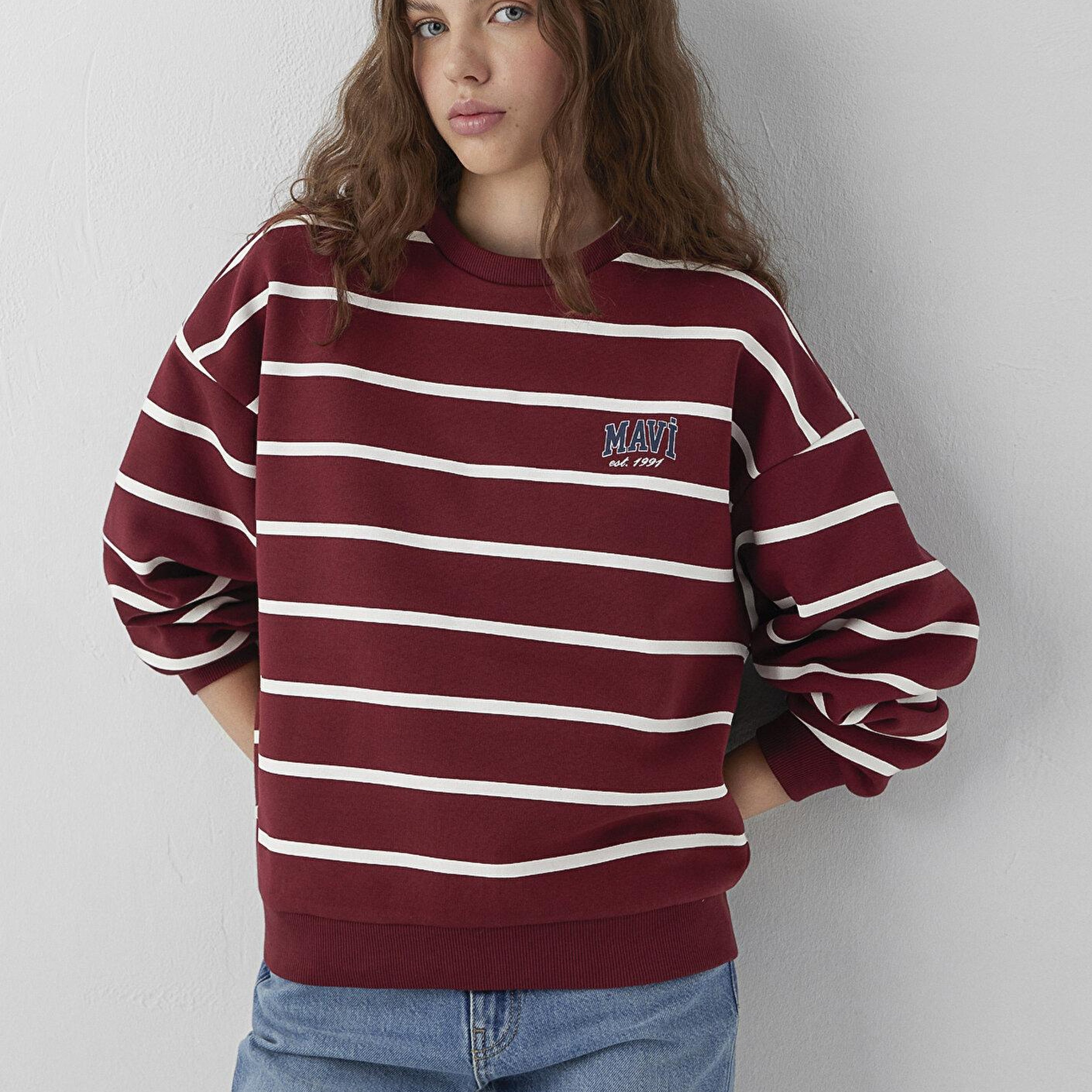 Mavi Mavi Logo Çizgili Bordo Sweatshirt 1S10456-91774